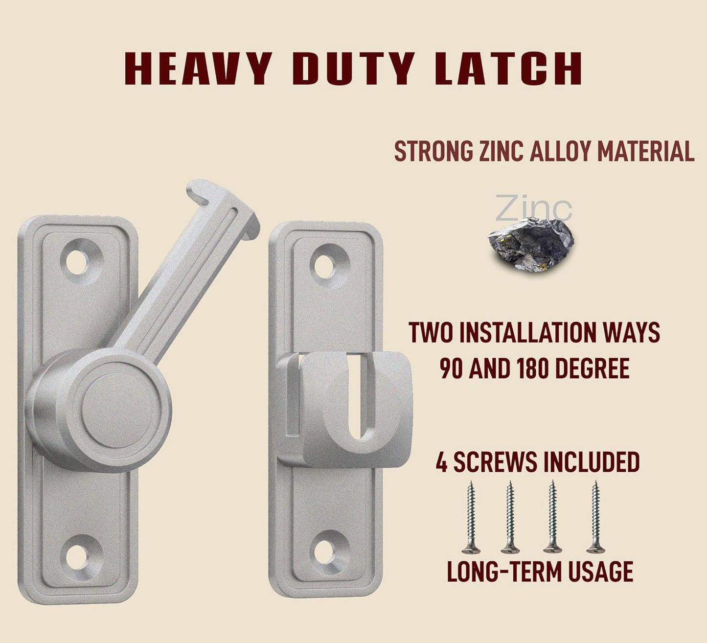 Barn Door Privacy Latch, 90°/180° Swing Slide Lock, Zinc-Alloy, Adhesive or Screw Mount, Interior