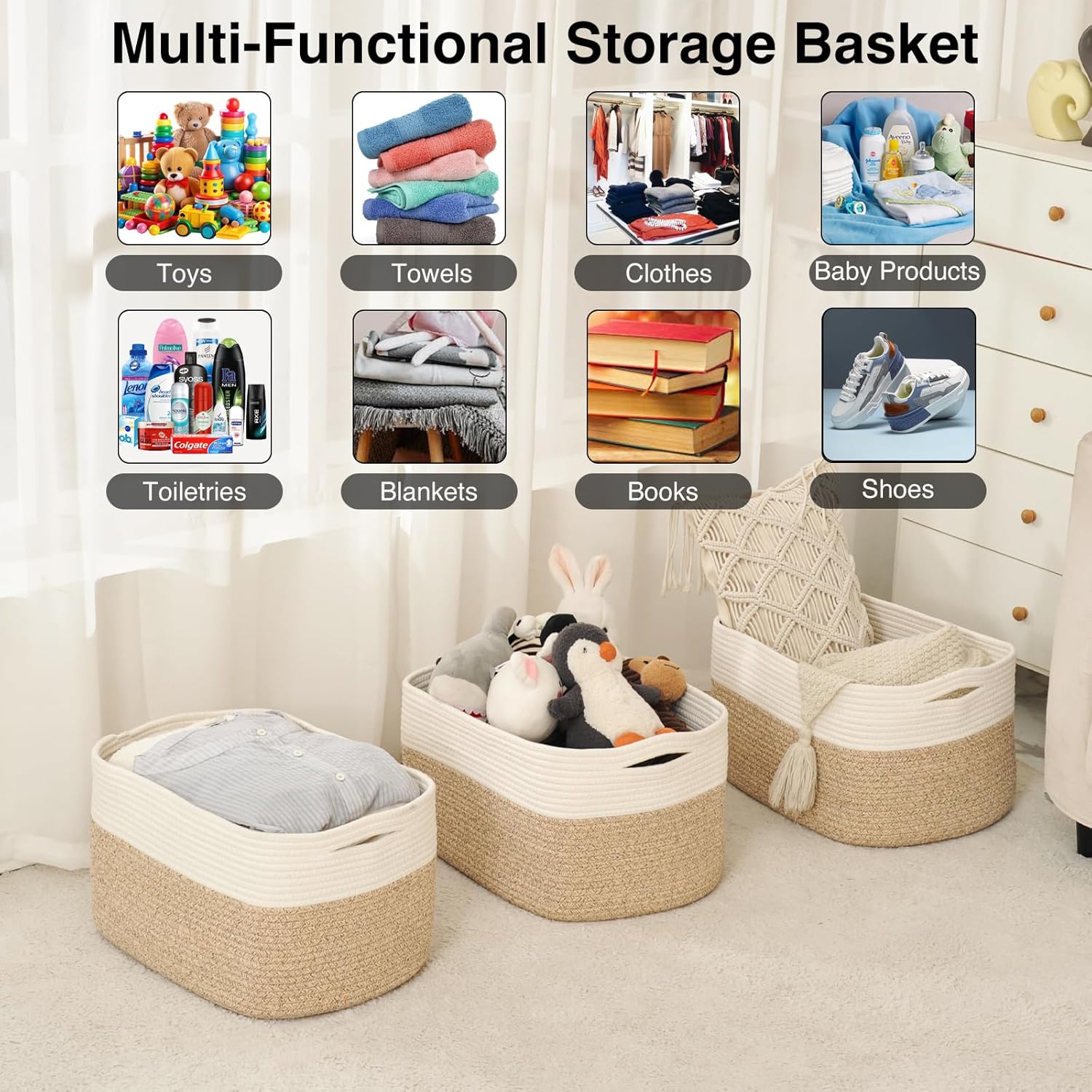 Large Storage Baskets for Organizing Shelves, Woven Cotton Rope Bins for Baby Nursery Organization