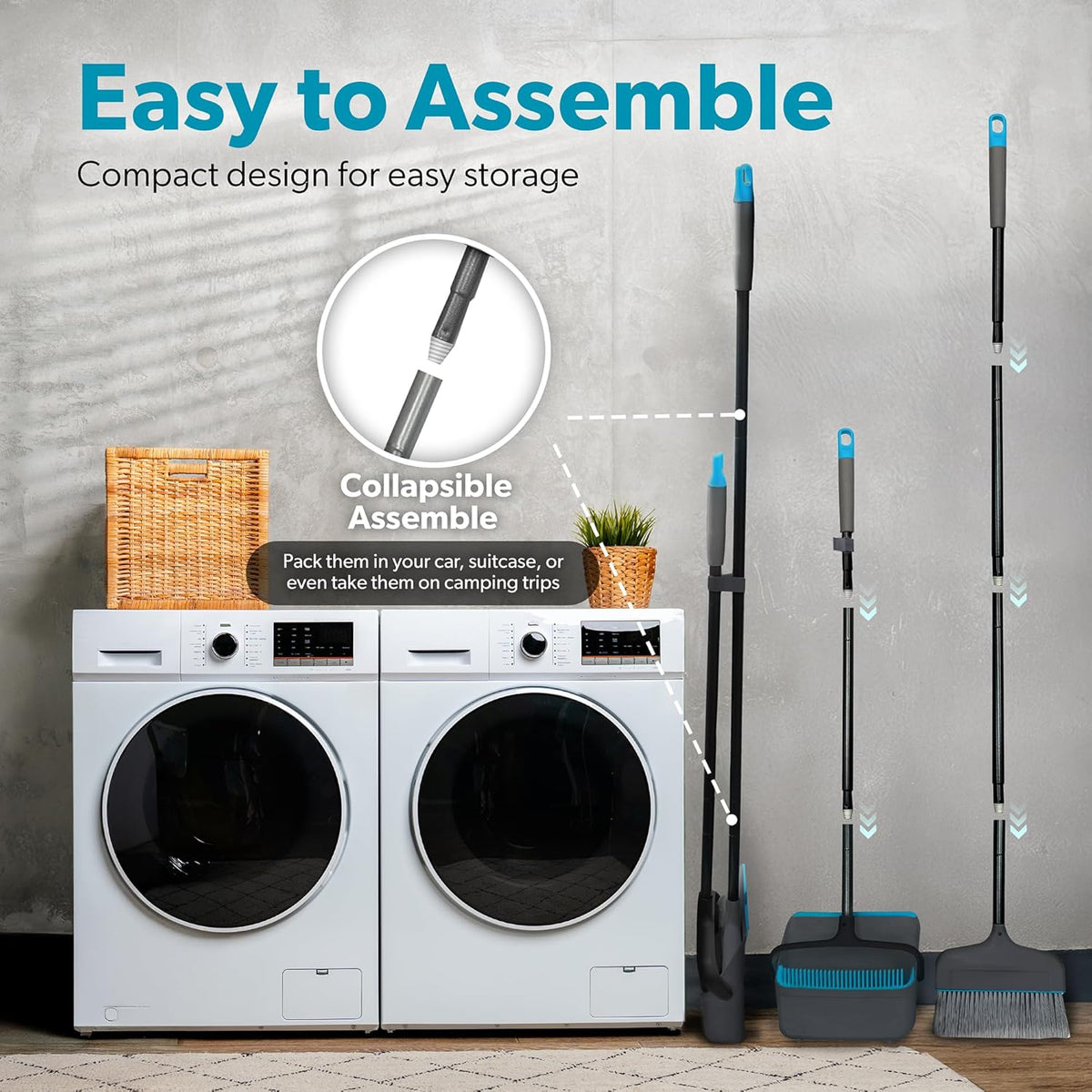 BLACK+DECKER Butler Broom & Dustpan Set - Short Handle, Stand-Up Design - Lightweight, Space-Saving