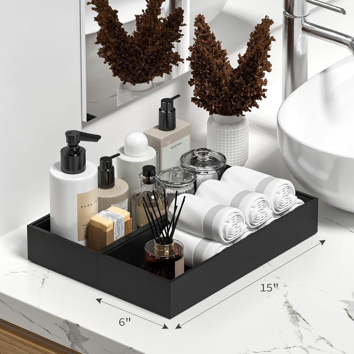 Kitchen Drawer Organizer Tray, Stackable Black Bamboo Drawer Organizer for Large Silverware