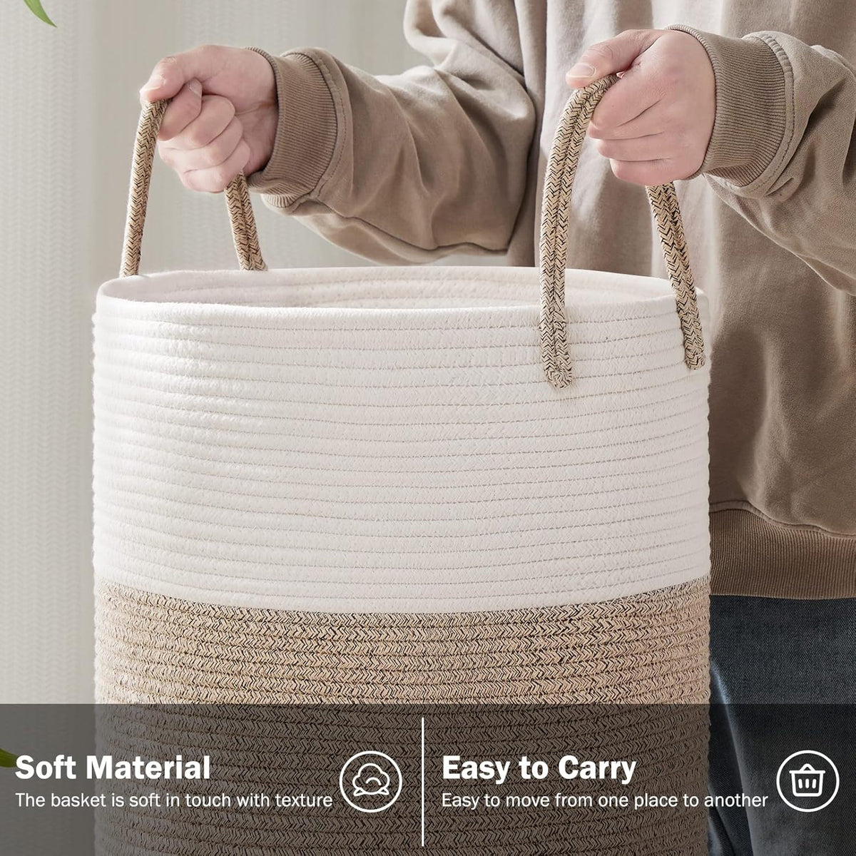 YOUDENOVA Woven Rope Laundry Hamper Basket, 72L Tall Luandry Basket, Baby Nursery Hamper for
