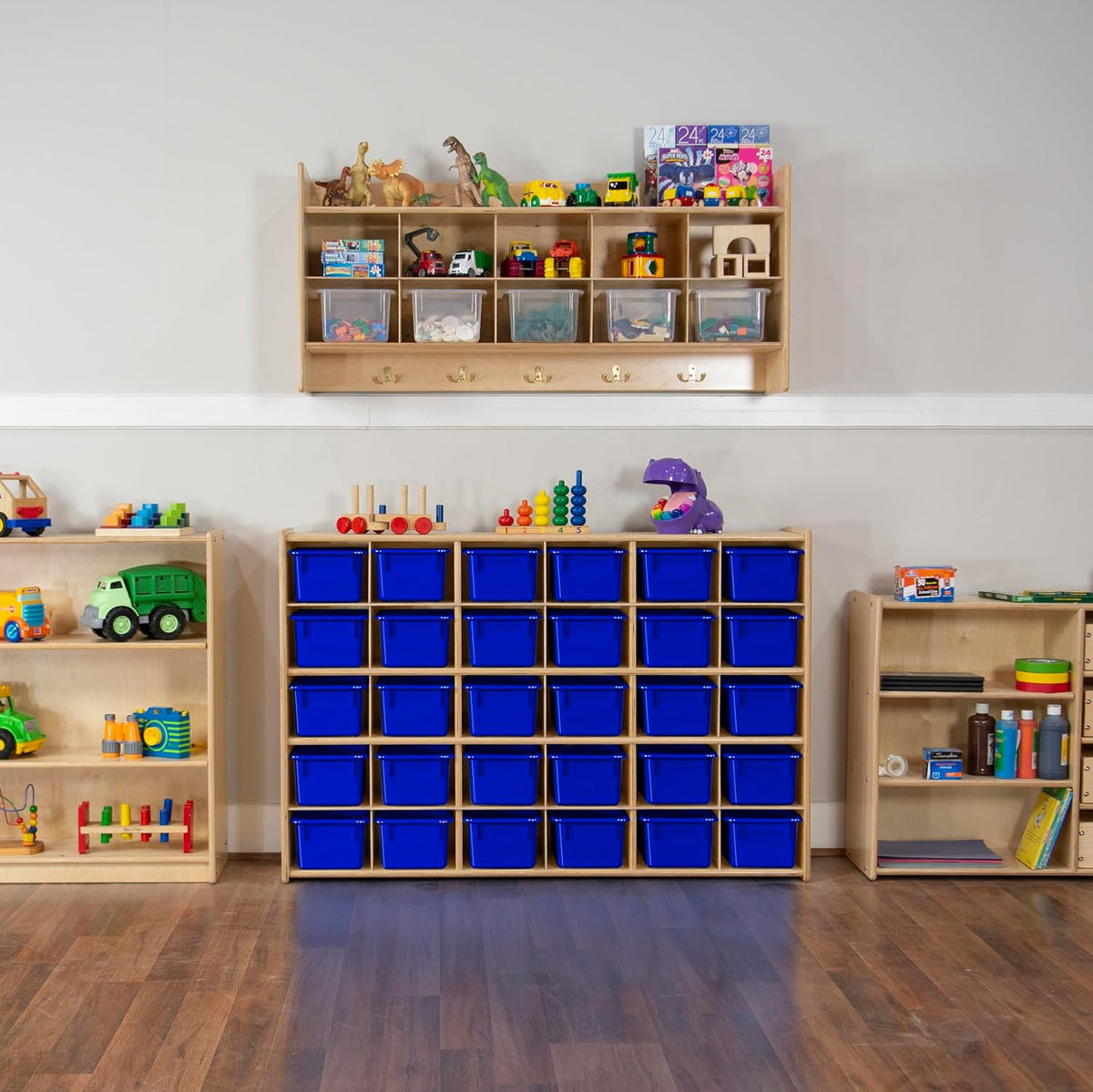Wood Designs Cubby Storage Bin, Heavy Duty Plastic Containers for Kids Blue Cubby Tray Set of 12