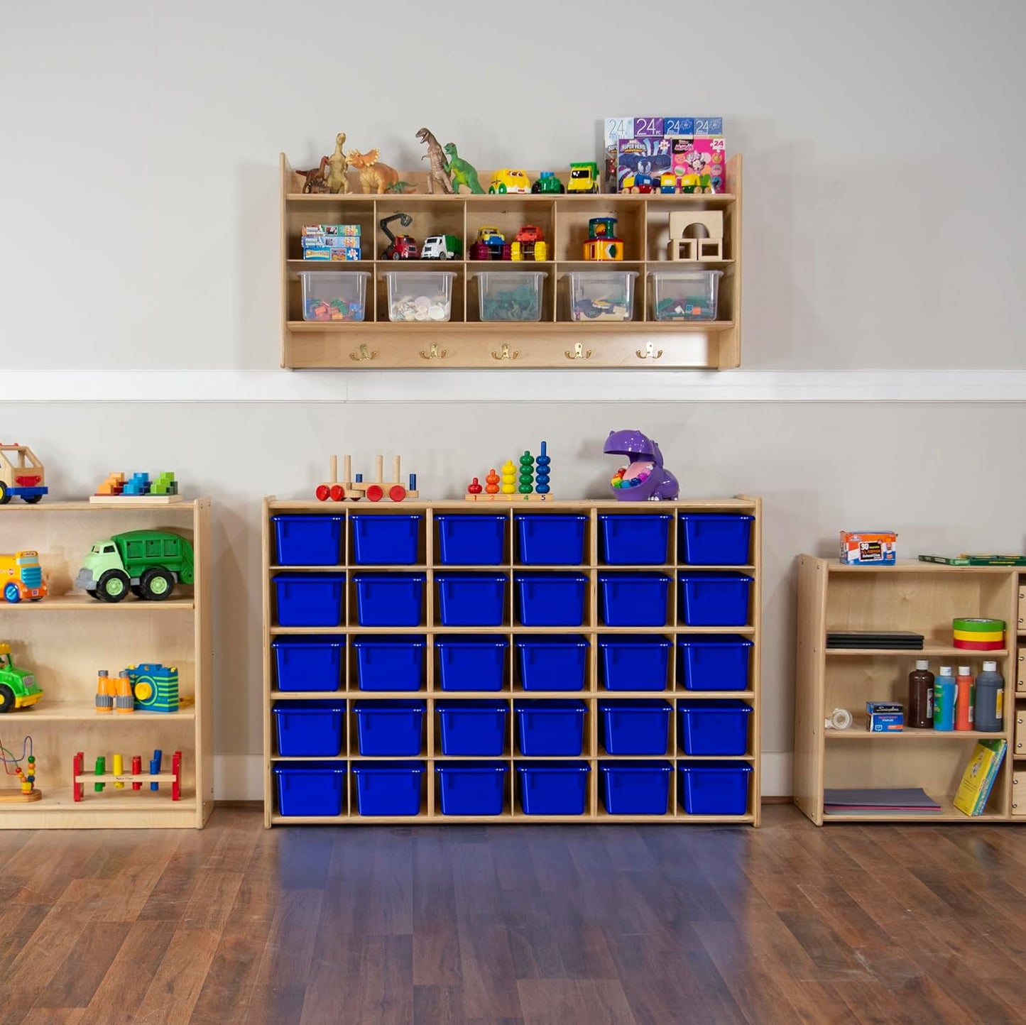 Wood Designs Cubby Storage Bin, Heavy Duty Plastic Containers for Kids Blue Cubby Tray Set of 10