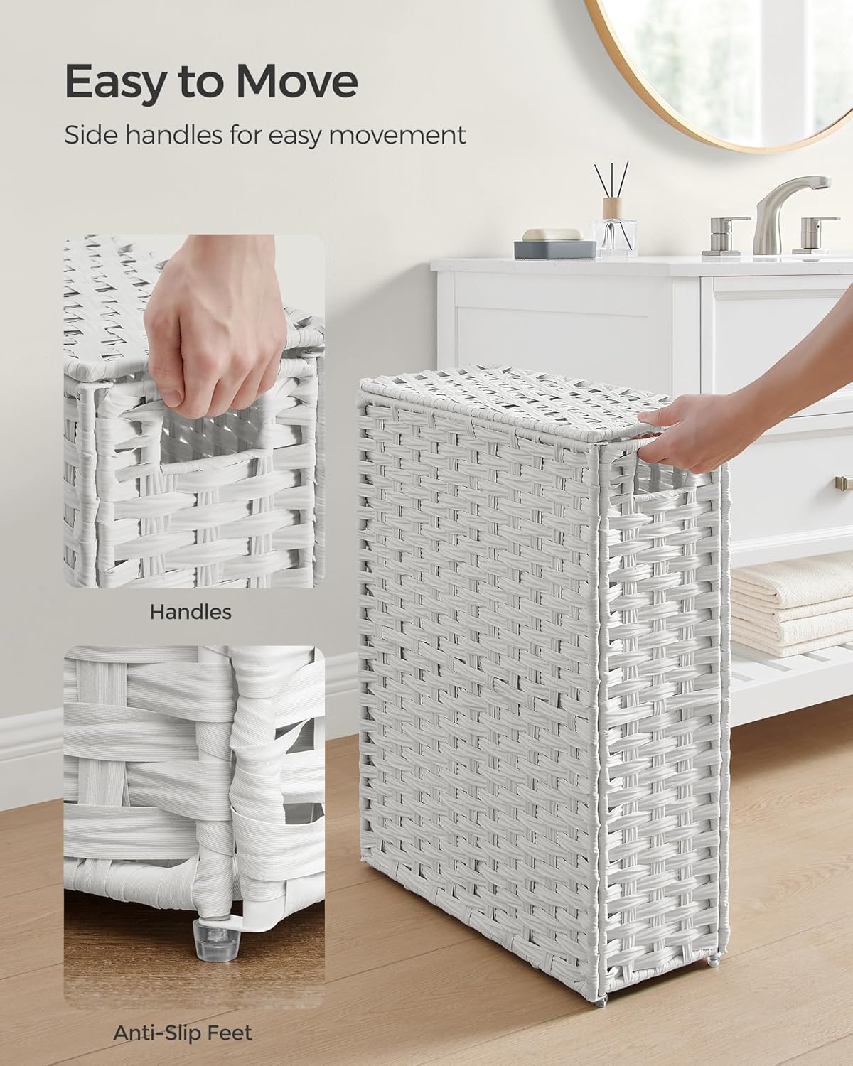 SONGMICS Slim Laundry Hamper with Lid, 14.5 Gallon (55L) Rattan Clothes Laundry Basket with Lid and