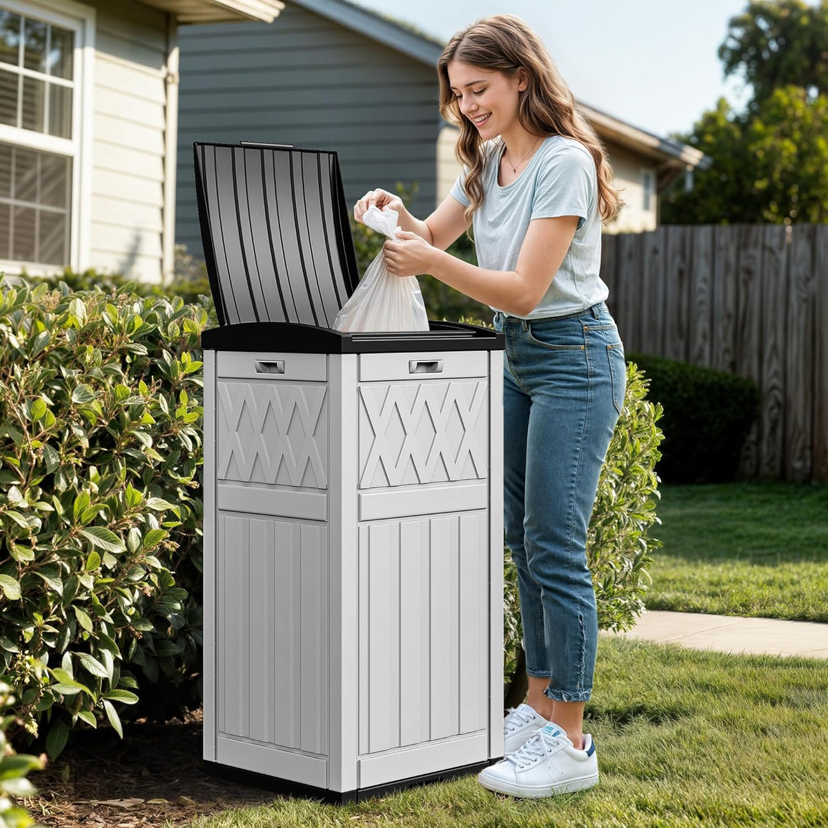 DWVO 36-Gallon Outdoor Trash Can with Fabric Bag, Tiered Lid & Drip Tray, Waterproof Resin Garbage