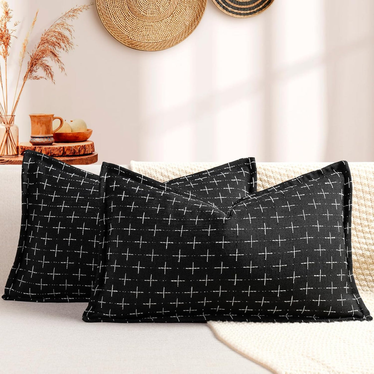 ZWJD 12x20 Pillow Covers Set of 2 Soft Polyester Textured Pillow Covers with Stylish Flange Edge