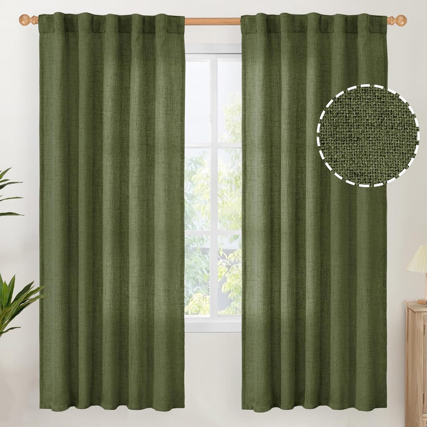 YoungsTex Olive Green Linen Curtains for Living Room 72 Inch Length, Light Filtering Rod Pocket