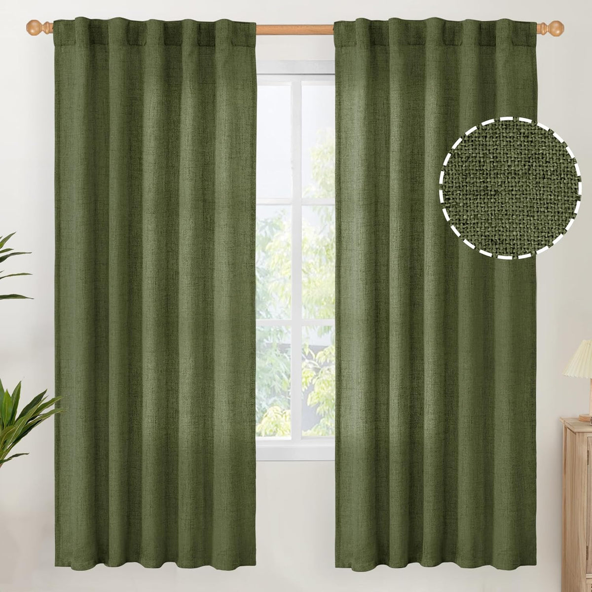 YoungsTex Olive Green Linen Curtains for Living Room 72 Inch Length, Light Filtering Rod Pocket