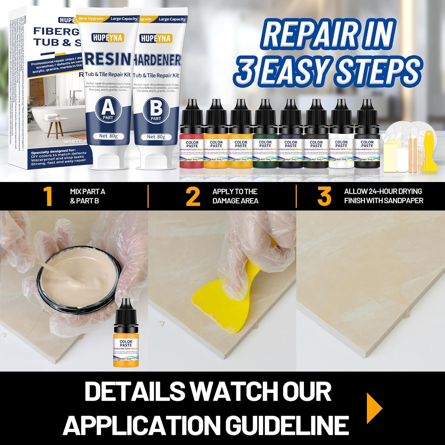 Fiberglass Repair Kit, Bathtub Repair Kit for Tile, Acrylic, Ceramic, Enamel, Kitchen Bathroom Fix
