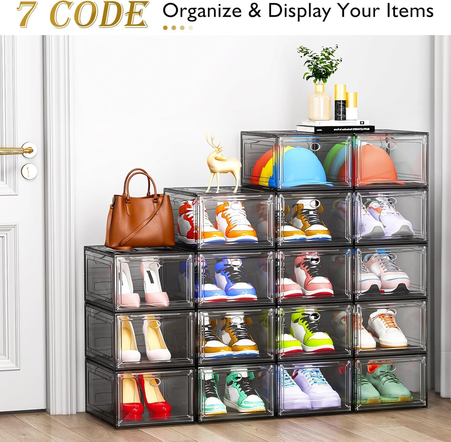 7 code Thicken & Sturdy Clear Shoe Storage Organizer with Magnetic Door, Stackable Boxes for