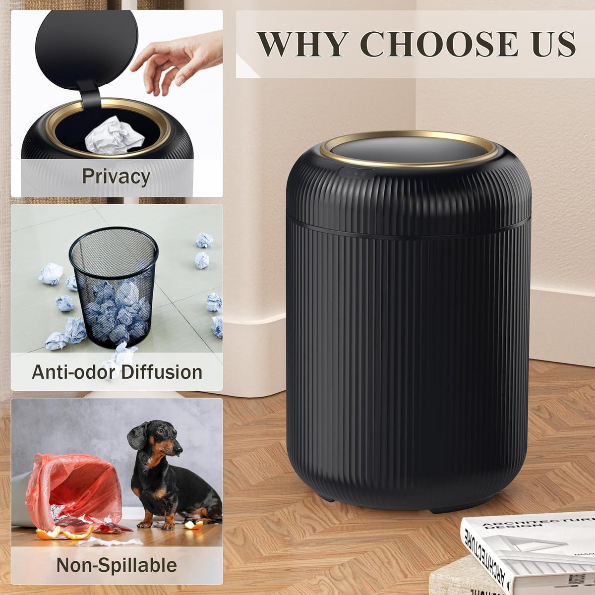 Motion Sensor Bathroom Trash Can with Lid, 3 Gallon / 11L Automatic Bathroom Garbage Can, Smart