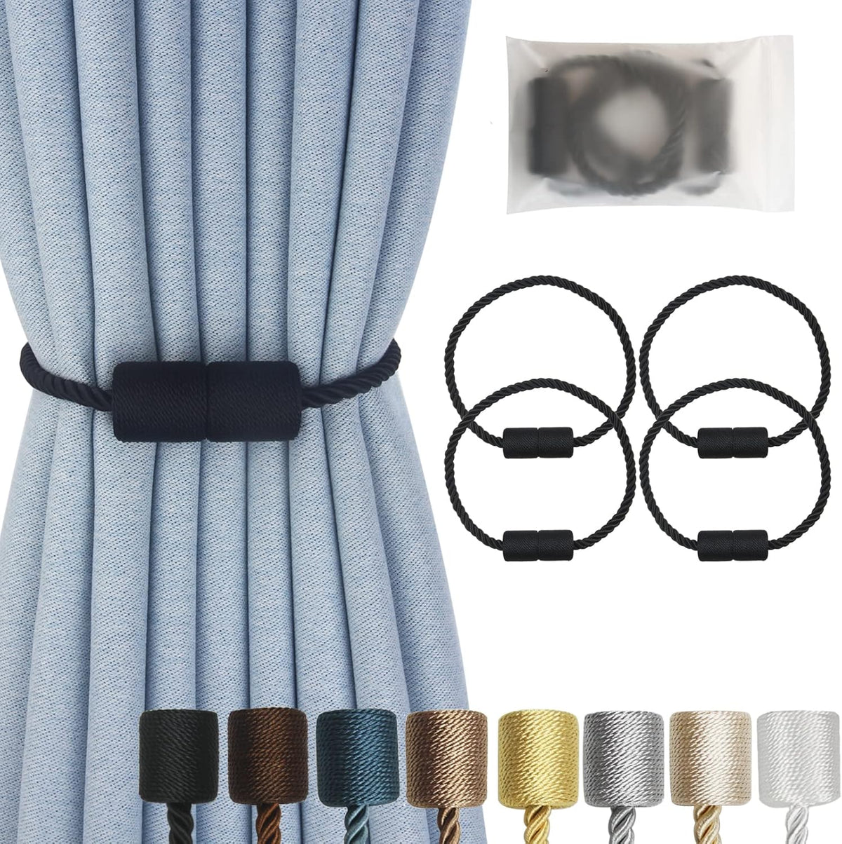Magnetic Curtain Tiebacks 4 Pack Black Curtain Rope Tieback Curtain Holders for Drapes Modern Tie