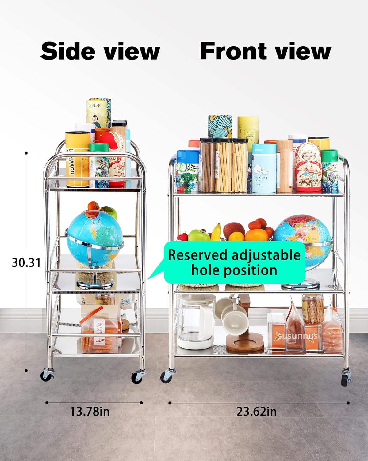 susunnus Stainless Steel Cart with Wheels 3 Tier,Stainless Steel Kitchen Cart,Utility Cart,Metal