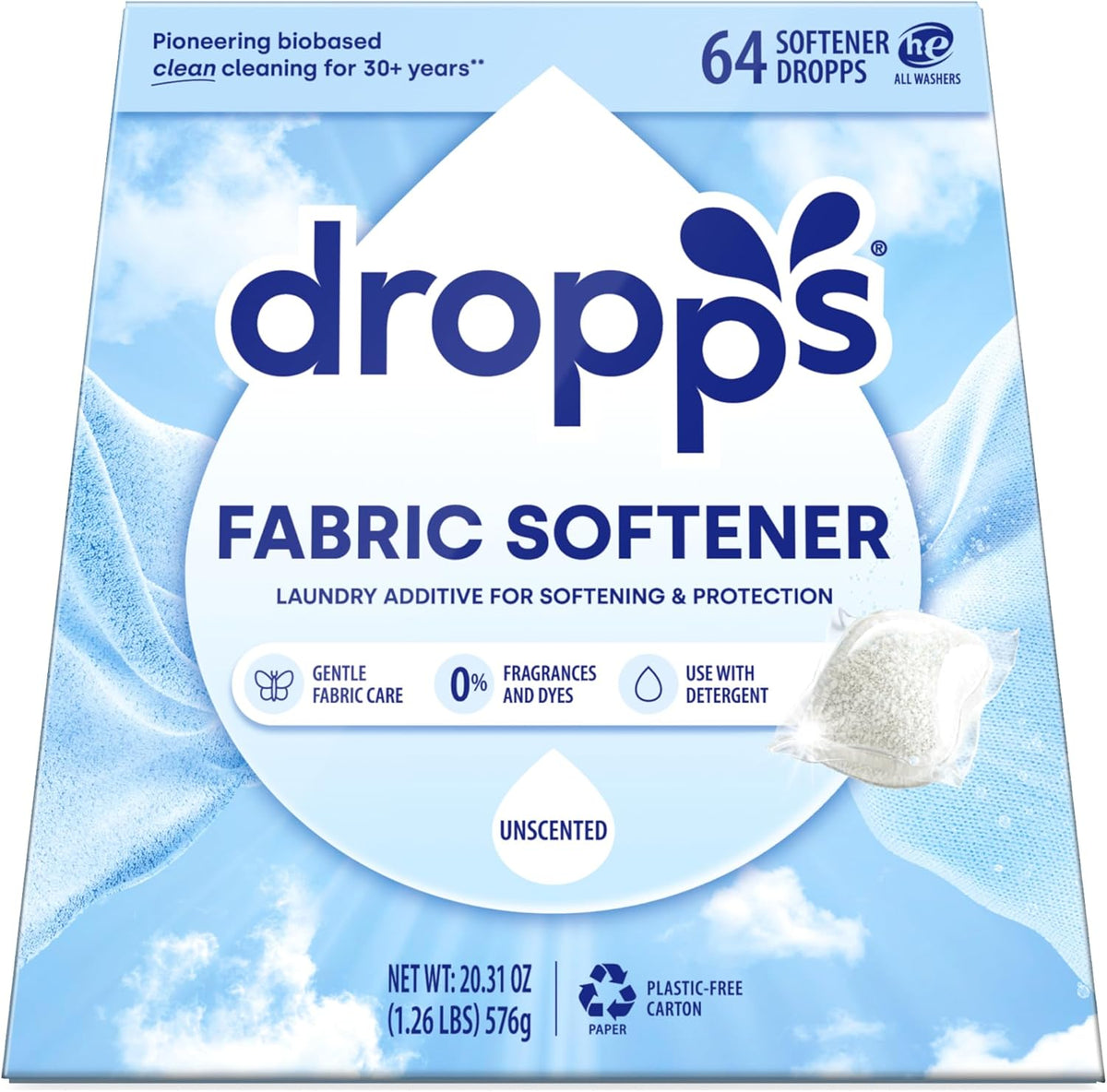 Dropps Laundry Fabric Softener Pods, Unscented (64 Count) - Fabric Softener Liquid Pods for Fluffy