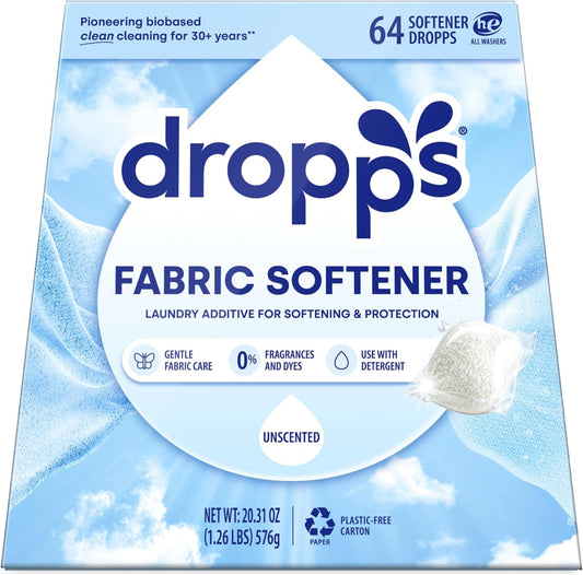 Dropps Laundry Fabric Softener Pods, Unscented (64 Count) - Fabric Softener Liquid Pods for Fluffy