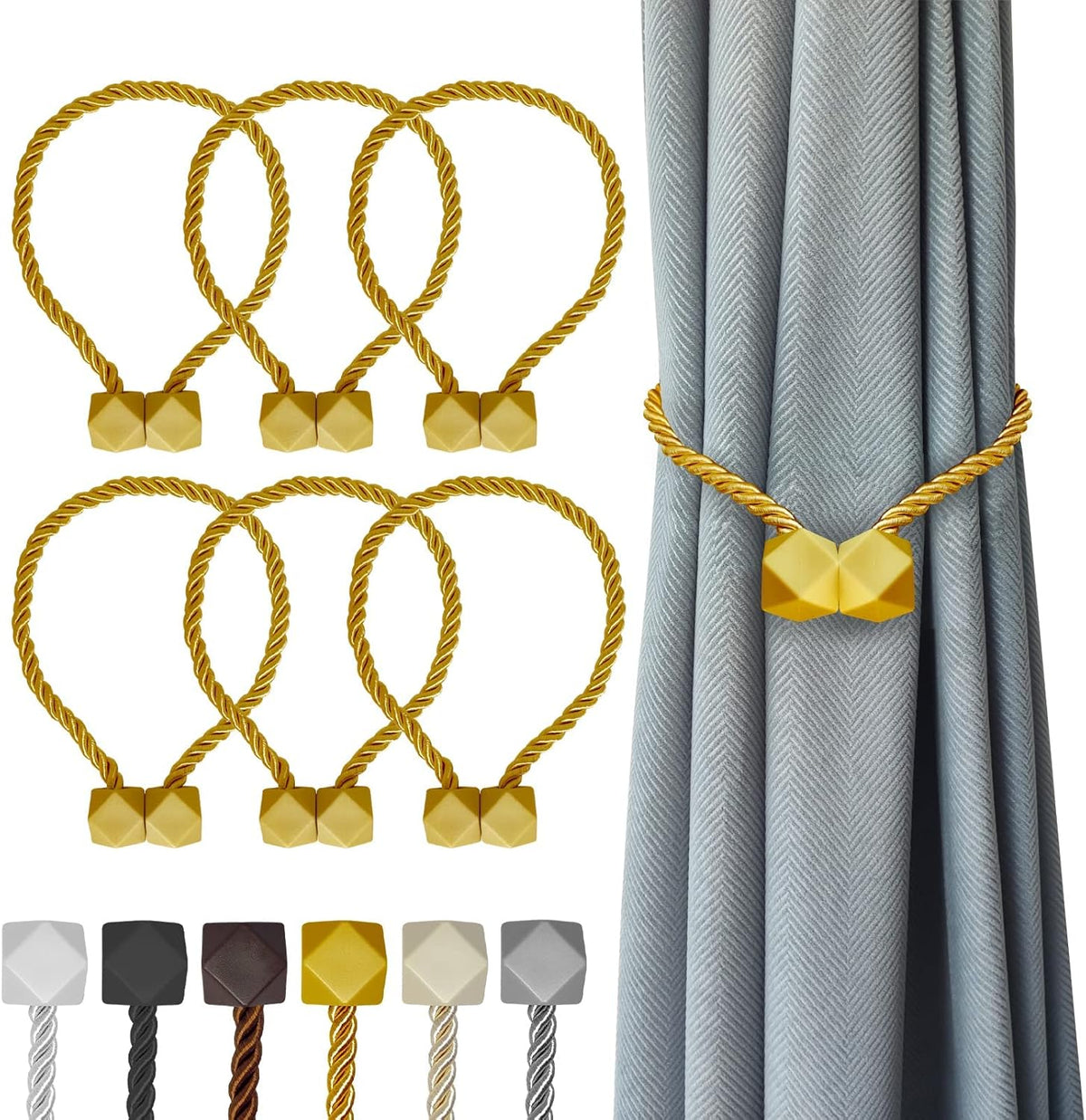 Hion Magnetic Curtain Tiebacks Golden 6 Pack, Curtain Tiebacks Buckles Holdbacks Holders Hooks Clip