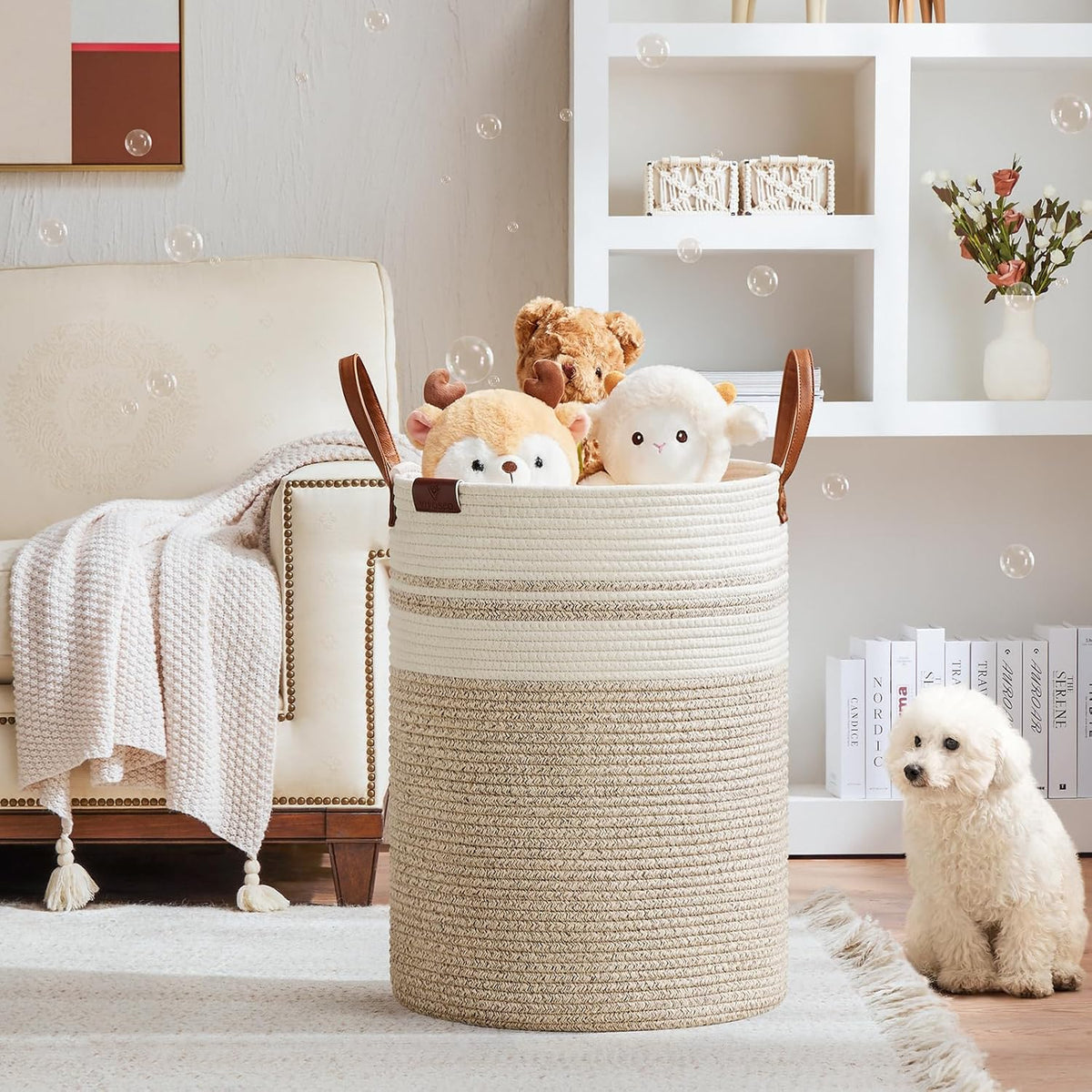 VIPOSCO Tall Laundry Basket, Large Dirty Clothes Hamper with Leather Handle, Woven Rope Storage