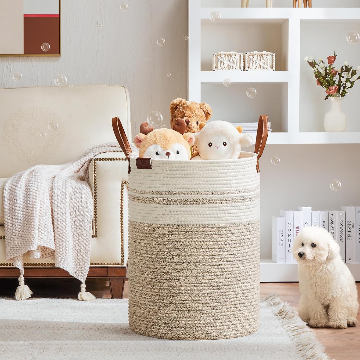 VIPOSCO Tall Laundry Basket, Large Dirty Clothes Hamper with Leather Handle, Woven Rope Storage