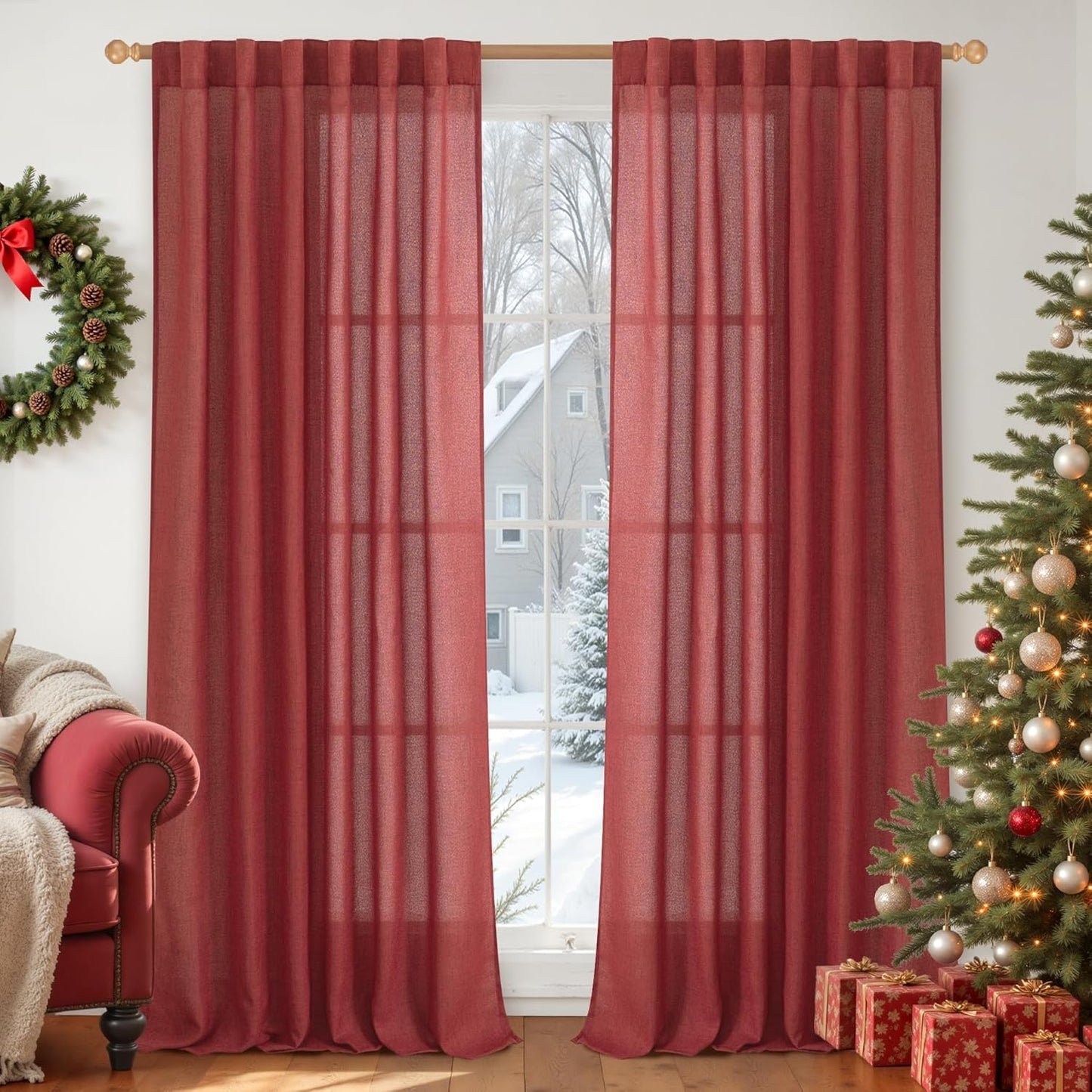 YoungsTex Red Linen Semi Sheer Curtains 84 Inch Length for Living Room 2 Panels Set, Christmas