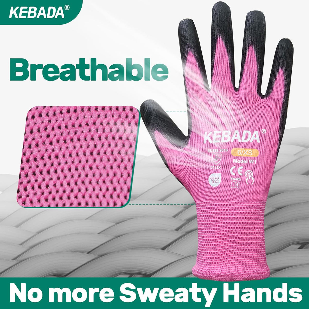 Kebada W1 Work Gloves Women, PU Coated Safety Gloves with Grip, Touchscreen, Ideal for Warehouse