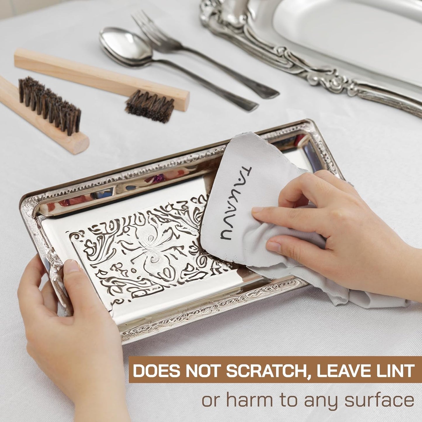 TAKAVU Horsehair Detail Brush Set, Silver Cleaning Brushes & Polish Cloth for Silverware Plateware