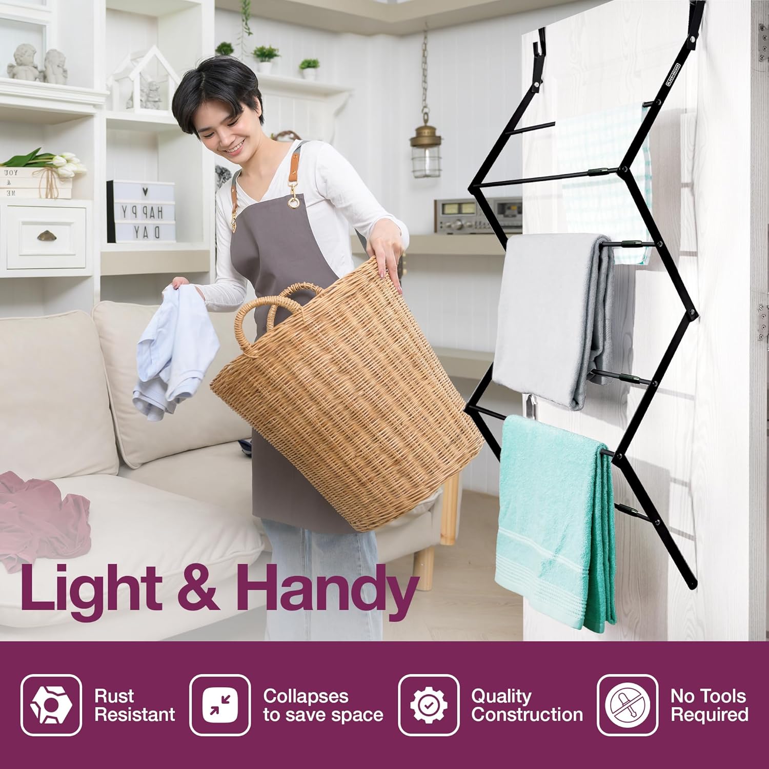BLACK+DECKER Over The Door Expandable Telescopic Drying Rack, Clothes Organizer, Towel Hanger