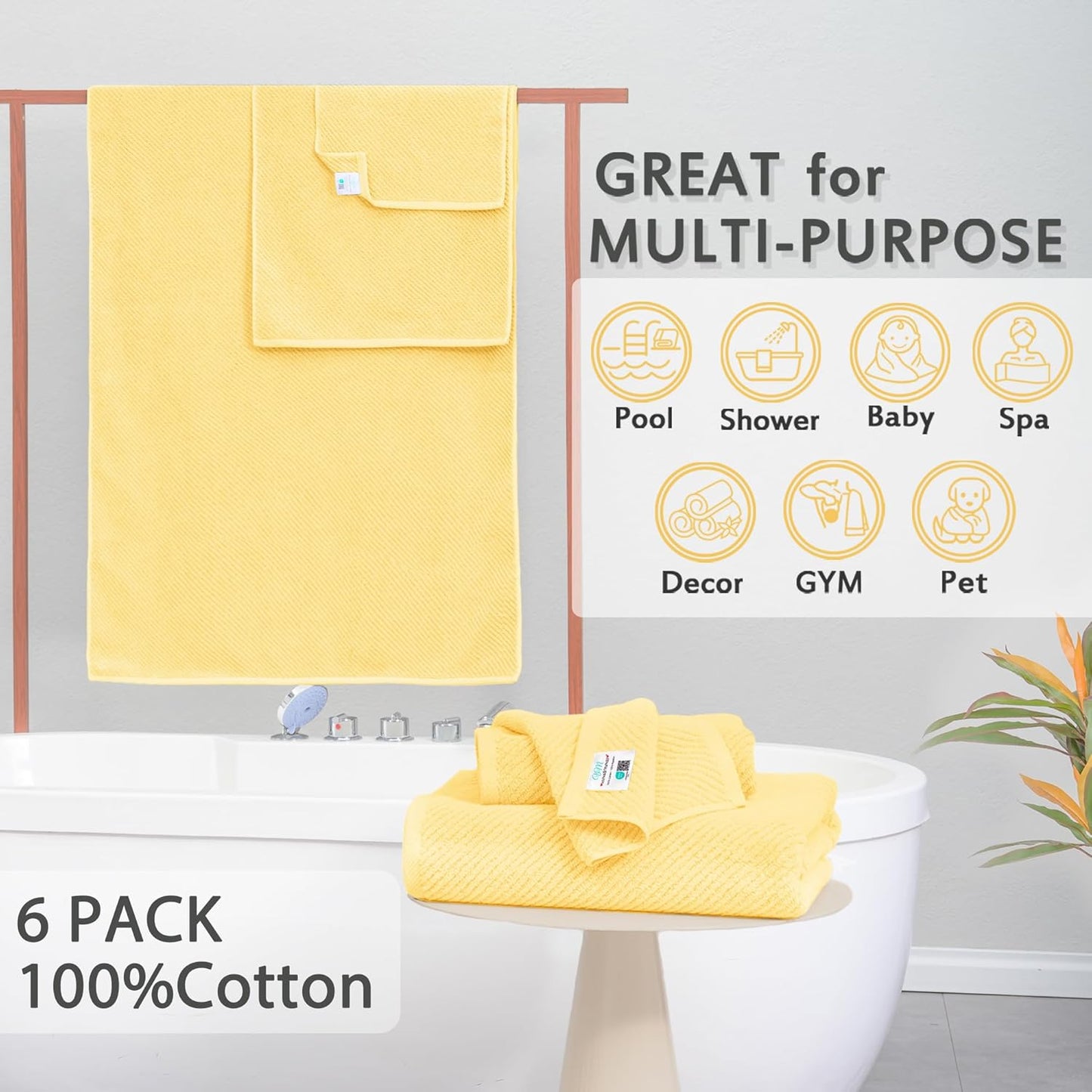 VOOVA & MOVAS Yellow Bath Towels - 100% Cotton | Quick Dry | Light Weight | Thick | Soft, 6 Piece