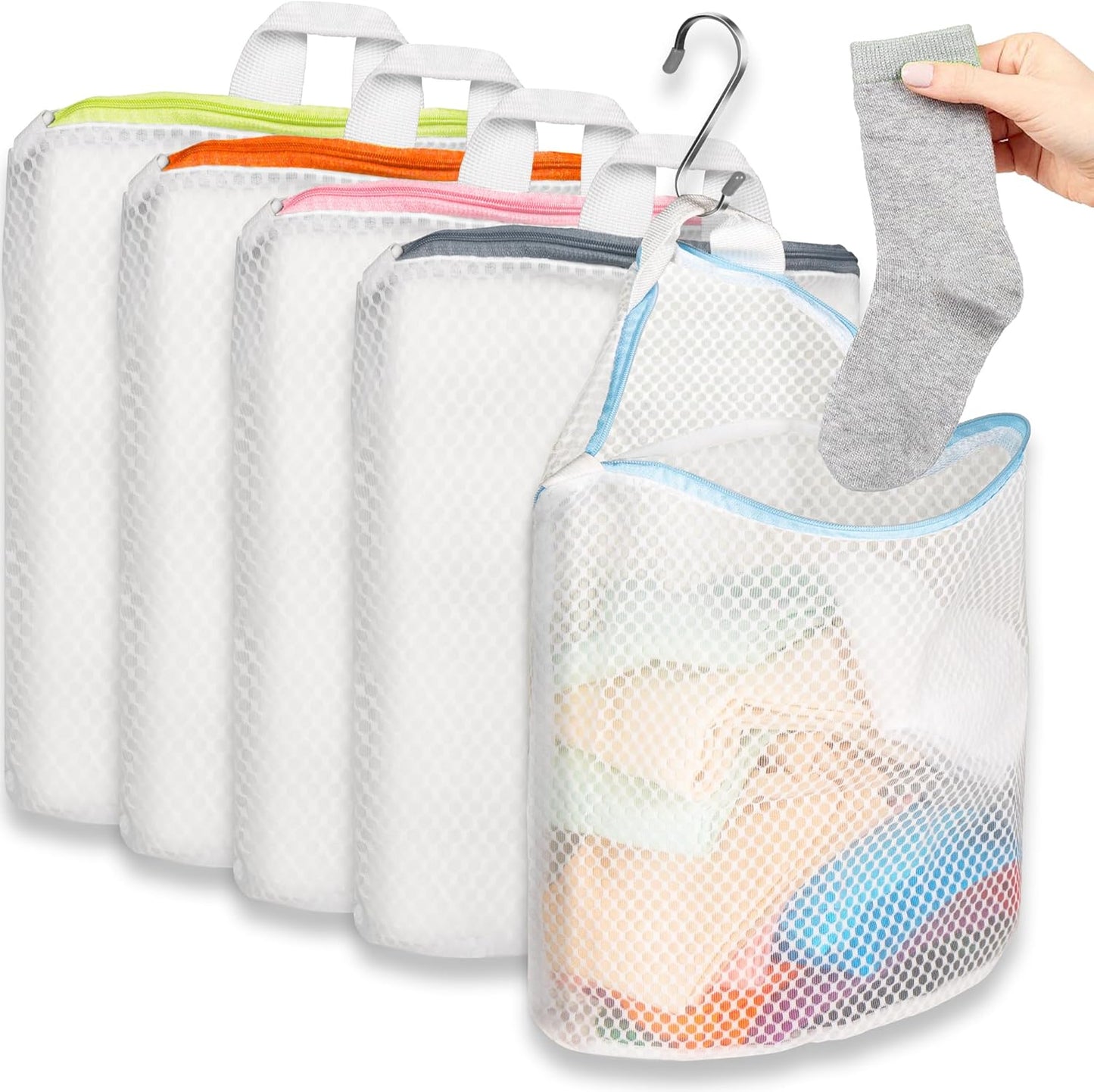 5Pcs Hanging Laundry Bags for Socks with S Hooks,12 X 10 inch 5 Color Mesh Laundry Bags for Washing