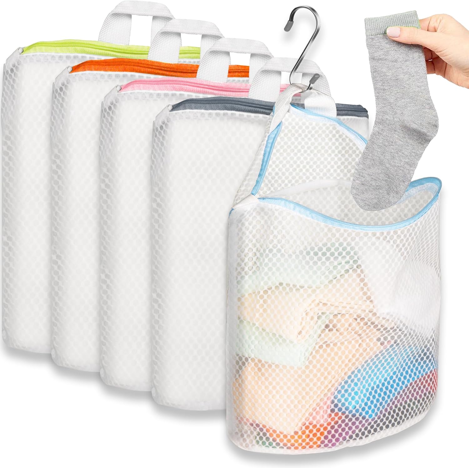 5Pcs Hanging Laundry Bags for Socks with S Hooks,12 X 10 inch 5 Color Mesh Laundry Bags for Washing
