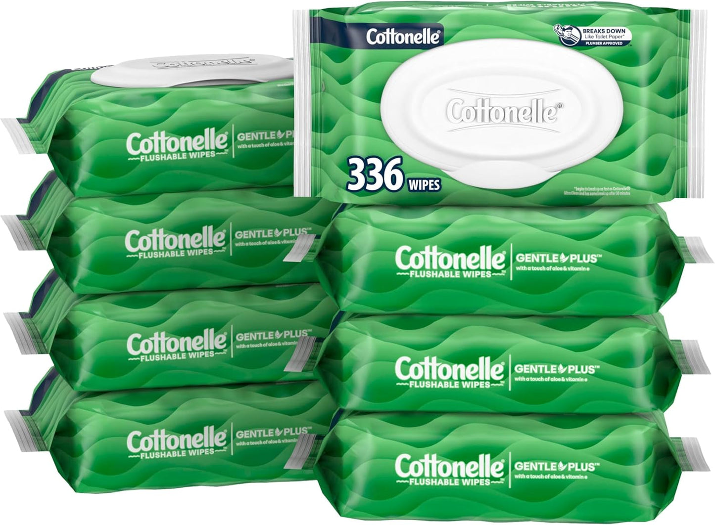 Cottonelle GentlePlus Flushable Wet Wipes with Aloe & Vitamin E, 8 Flip-Top Packs, 42 Wipes Per