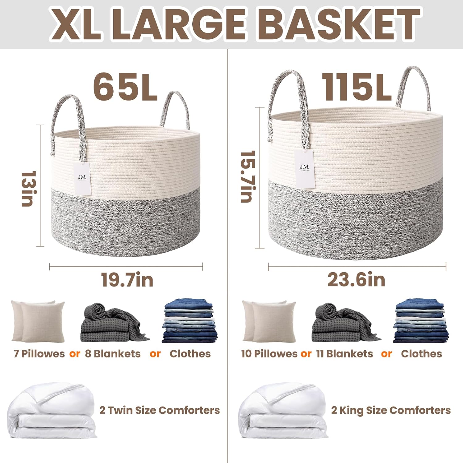Woven Blanket Basket,65L Large Rope Storage Bin with Handles, Organizer for Blankets Toys Book and