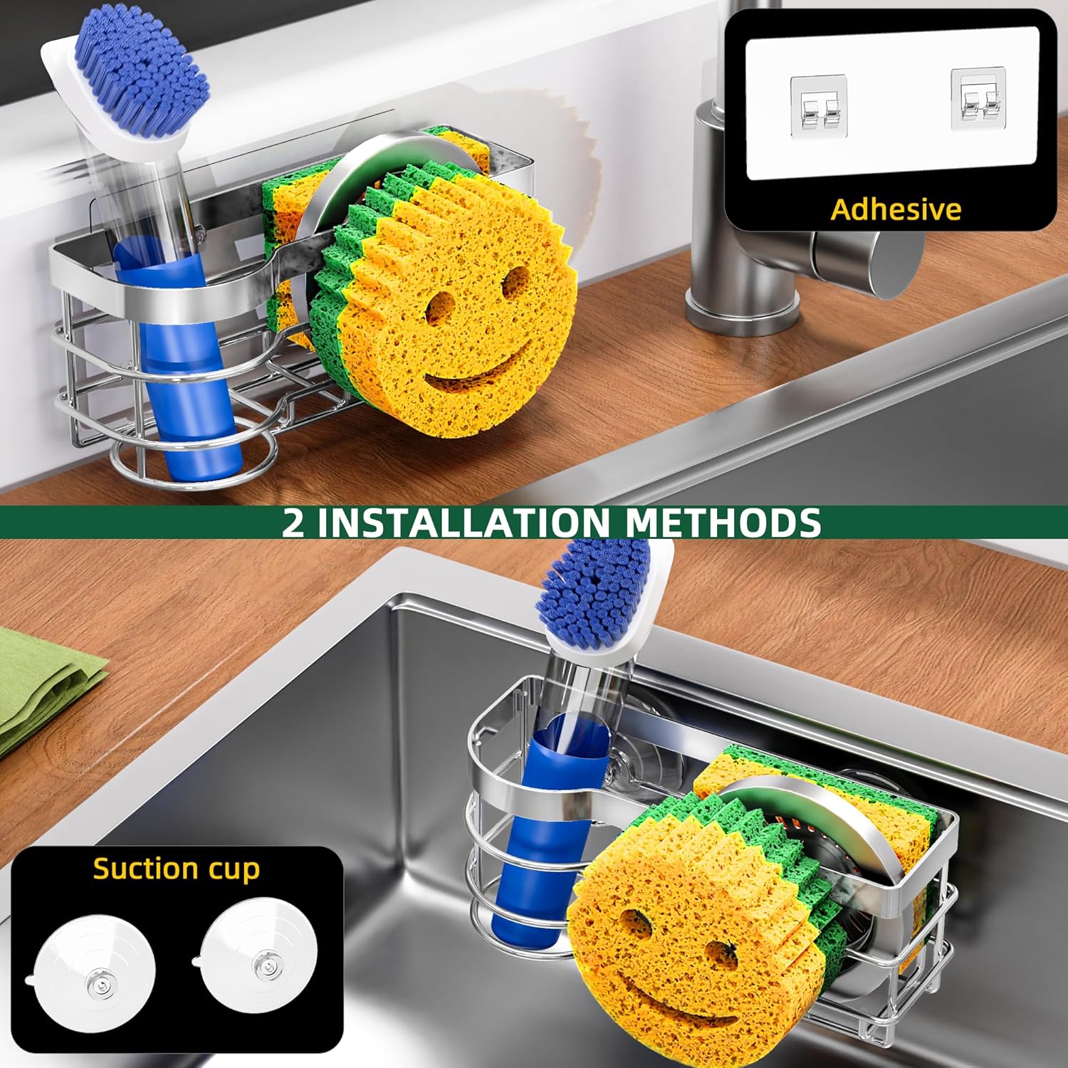 Cisily Smiley Sponge Holder for Kitchen Sink Caddy, Stainless Steel Movable Brush Holder Dish Cloth