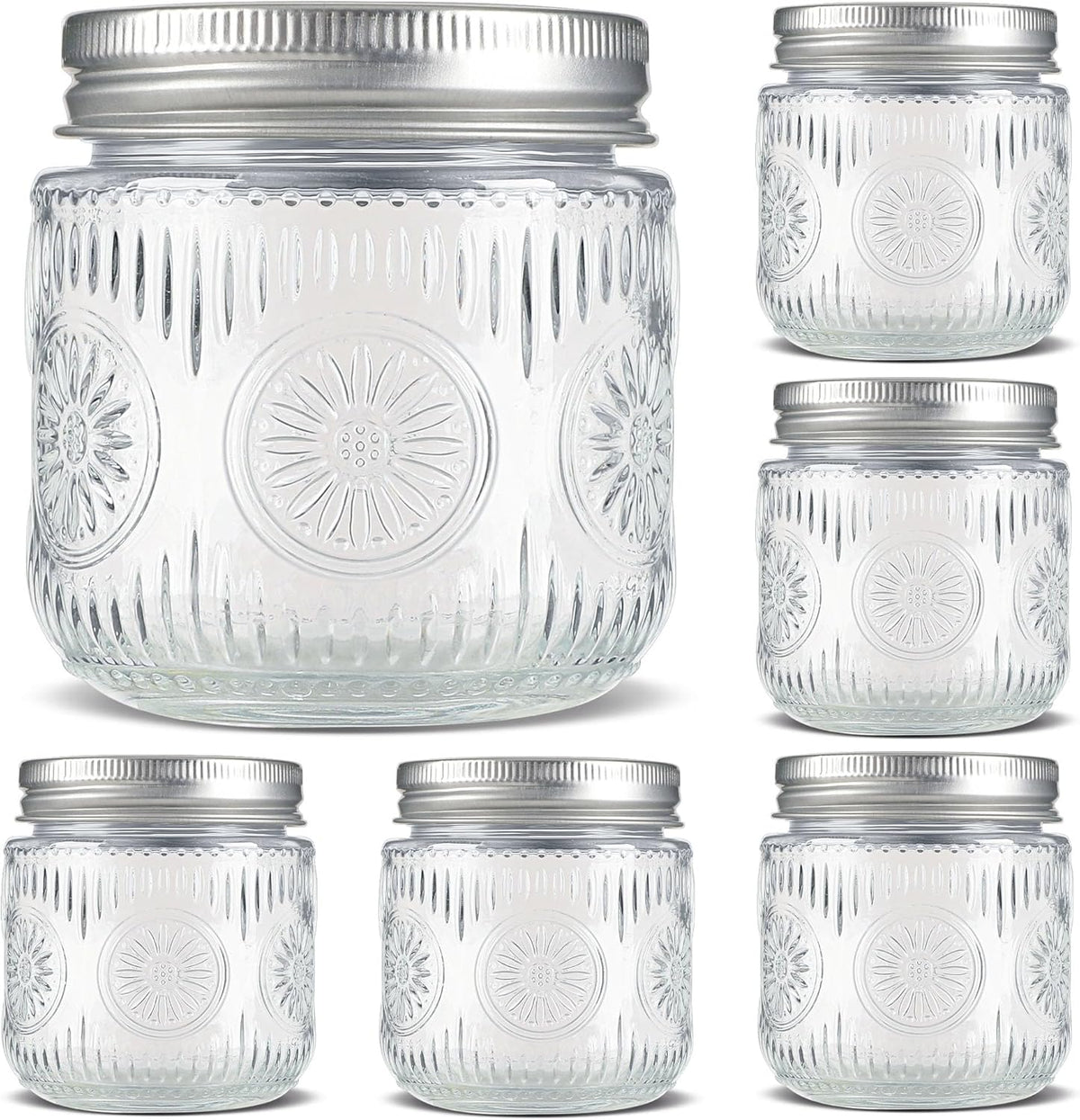 Mason Jars 8 oz - Vintage Small Glass Mason Jars with Silver Metal Lids, Regular Mouth Canning