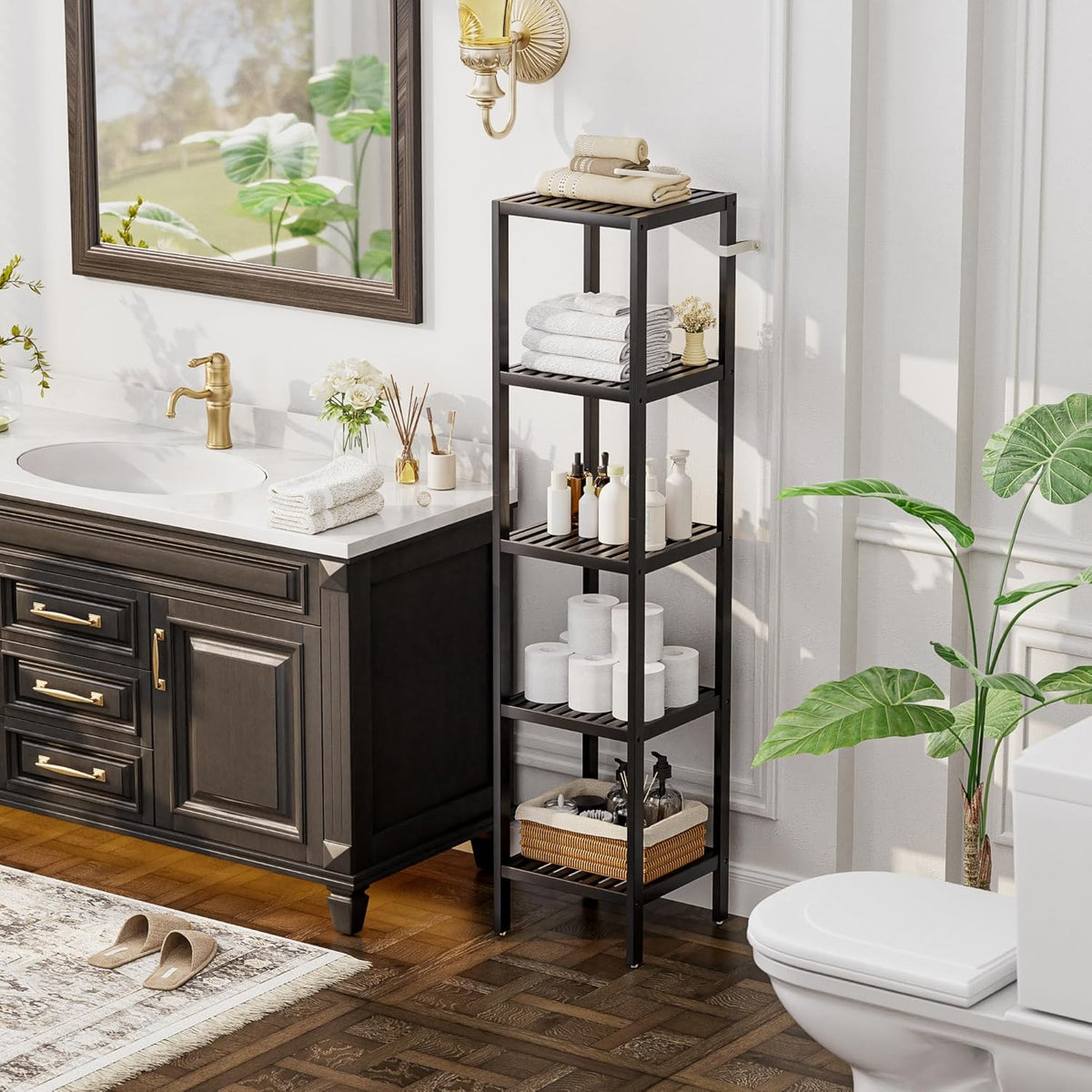 SMIBUY Bathroom Storage Shelf, 5-Tier Bamboo Rack Organizer, Multifunctional Shelving Unit for