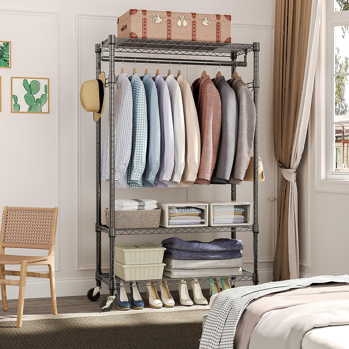 Heavy Duty Rolling Garment Rack 3 Tiers Adjustable Wire Shelving Clothes Rack with Rods and Side