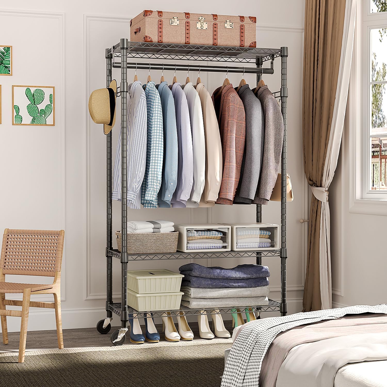 Heavy Duty Rolling Garment Rack 3 Tiers Adjustable Wire Shelving Clothes Rack with Rods and Side