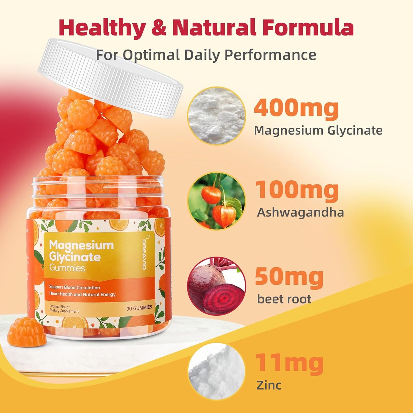90 Count Magnesium Glycinate Gummies 400mg w/Ashwagandha Supplement - Sugar Free Zinc Magnesium
