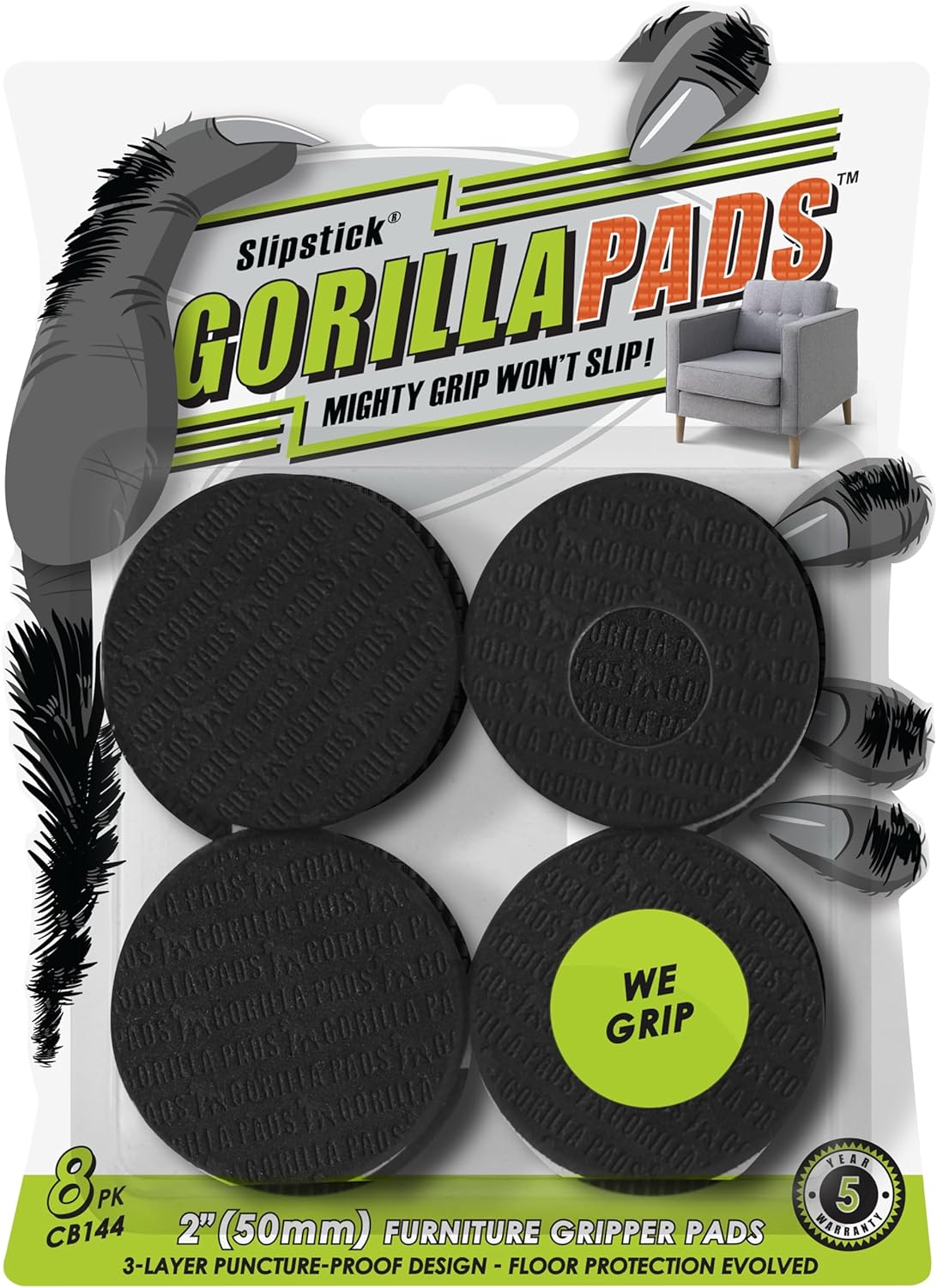 Slipstick GorillaPads CB144 Non Slip Furniture Pads/Grippers (Set of 8) Furniture Feet Floor