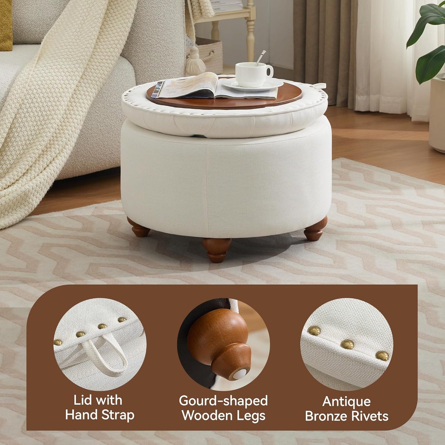 24Inch Round Storage Ottoman with Tray, Modern Tufted Fabric Circle Coffee Table with Storage