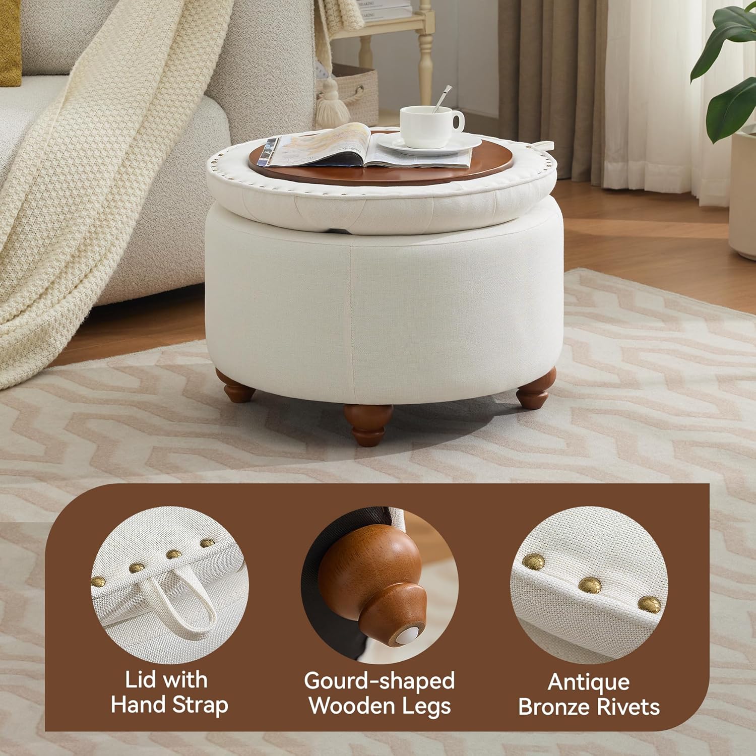 24Inch Round Storage Ottoman with Tray, Modern Tufted Fabric Circle Coffee Table with Storage