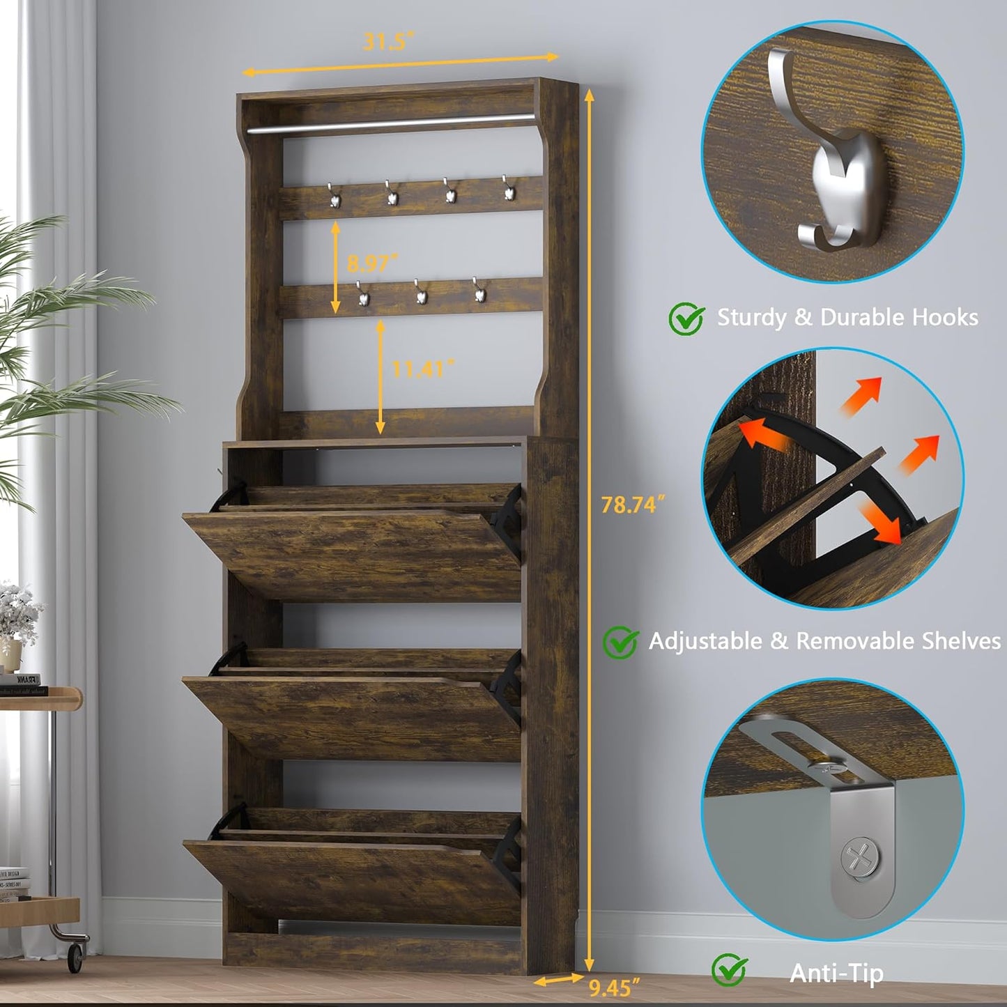 Shoe Cabinet with 3 Flip Drawers & Coat Rack, Narrow Hidden Shoe Storage Cabinet, 2-in-1 Hall Tree