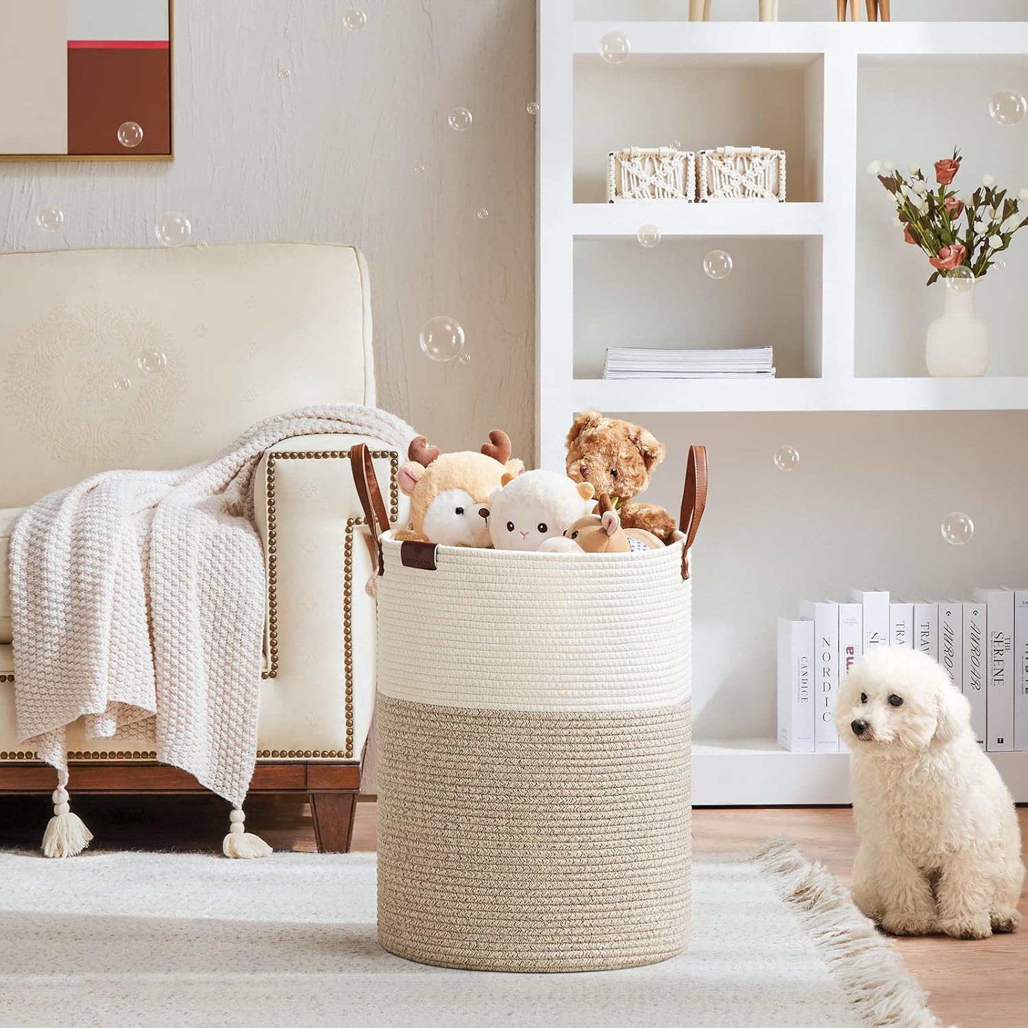 VIPOSCO Tall Laundry Basket, Large Dirty Clothes Hamper with Leather Handle, Woven Rope Storage