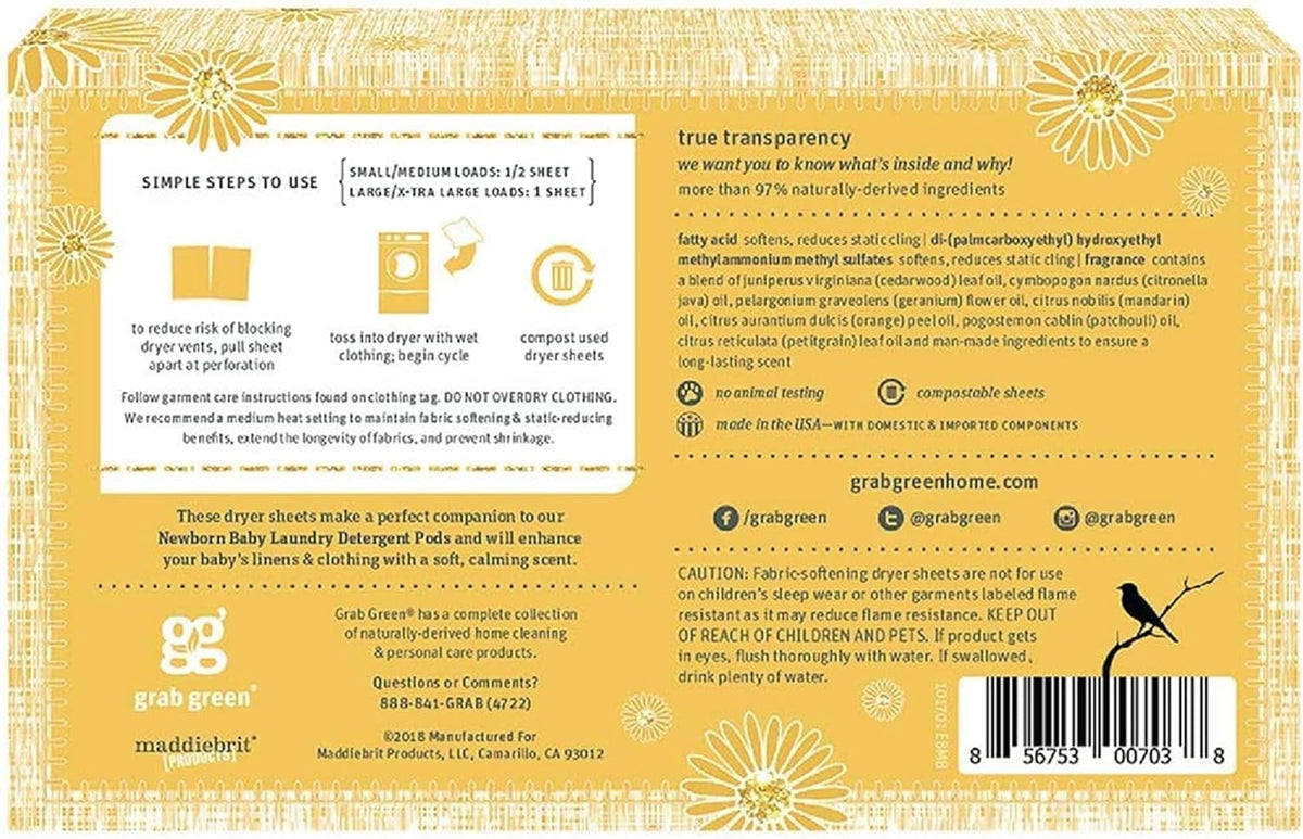 Grab Green Newborn Baby Dryer Sheets, 120 Sheets, Chamomile Scent, Plant and Mineral Based