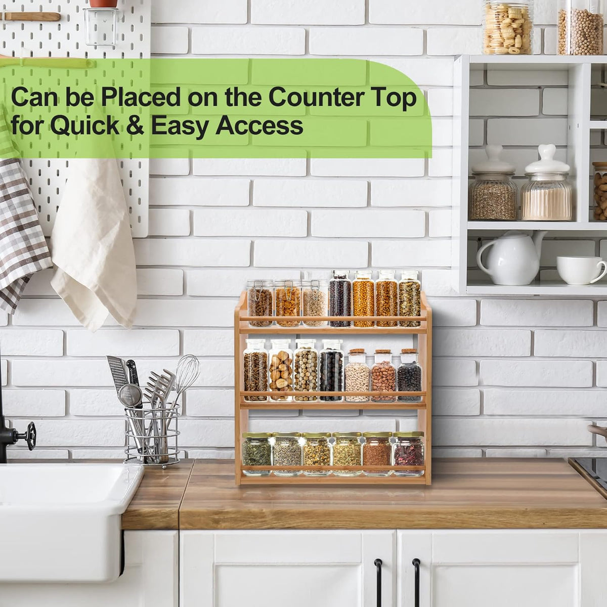 3 Tier Bamboo Spice Rack, Seasoning Jars Rack Shelf Spice Organizer for Kitchen Counter or Wall