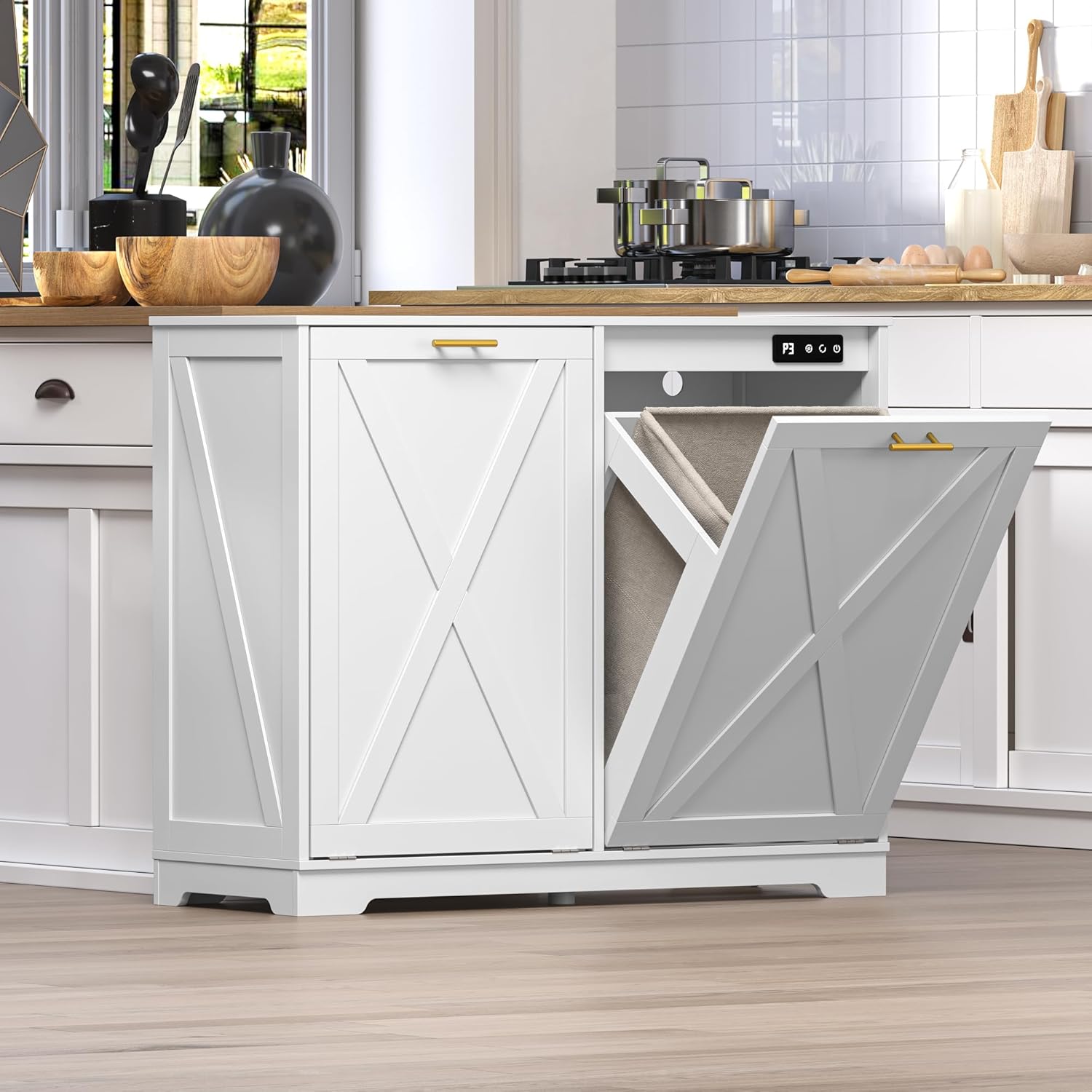 Tilt Out Trash Can Cabinet for 2 Bins, Hidden Recycle Garbage Bin Enclosure, Wooden Double Laundry