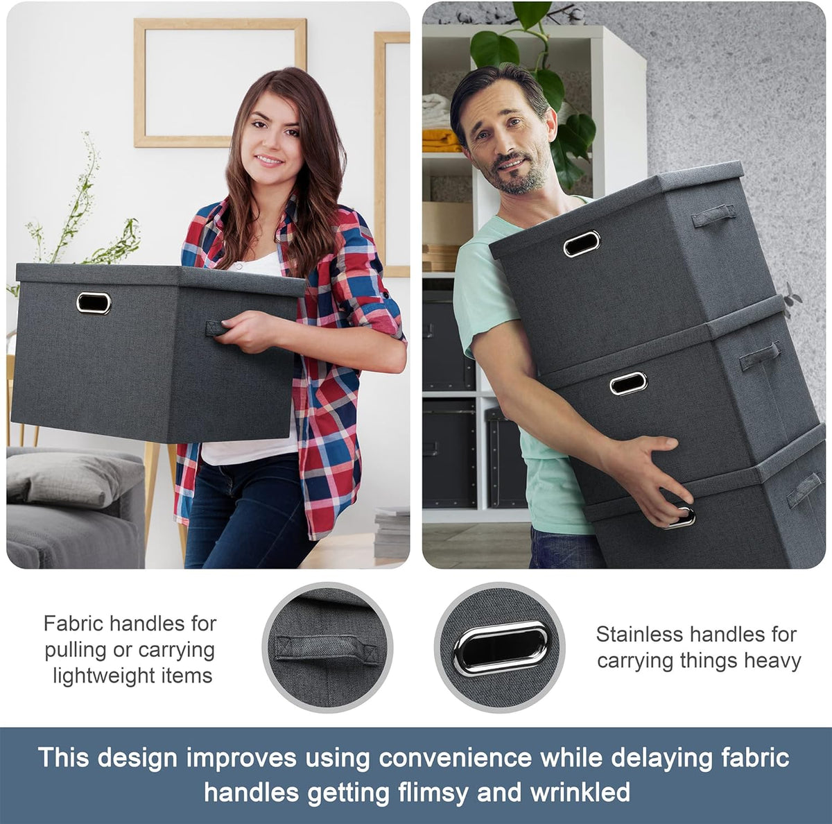 Medium 15" 21 Quart Collapsible Stackable Storage Bins with Lids, 3 Packs Dark Grey Foldable Fabric