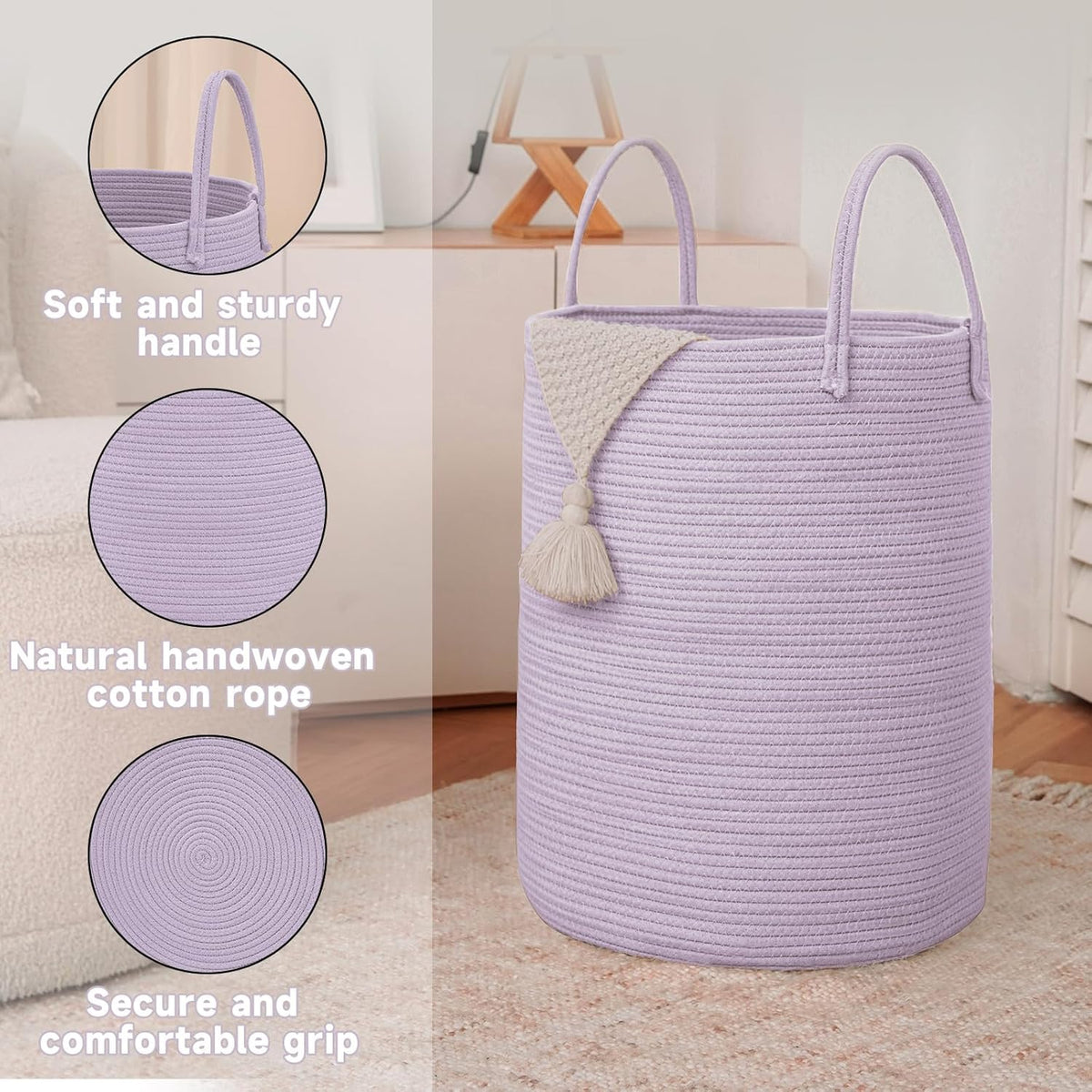 Large Woven Laundry Basket Hamper,80L Cotton Rope Storage Bin for Blankets,Toys and