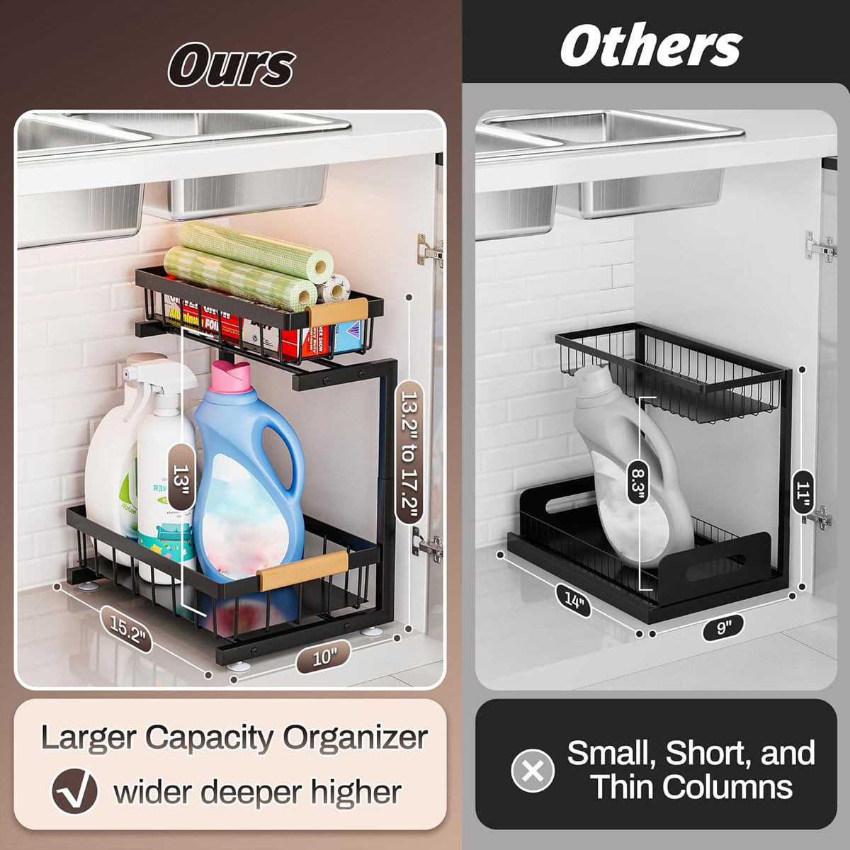 ADBIU Under Sink Organizer, 2 Pack 2 Tier Expandable Height (13.2" - 17.2") Pulling Out Kitchen