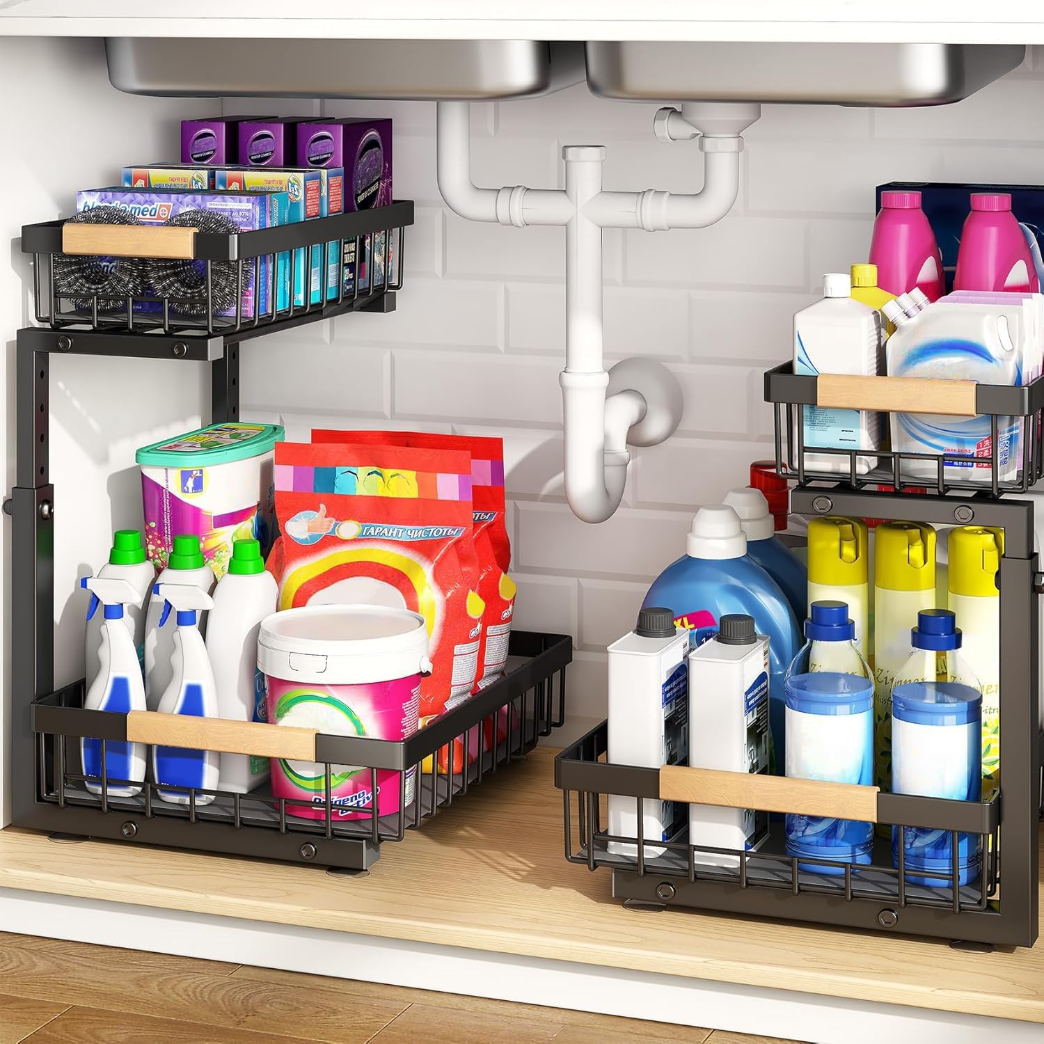PXRACK 2 PACK Under Sink Organizer,Adjustable Height,2 Tier Pull Out Under Cabinet