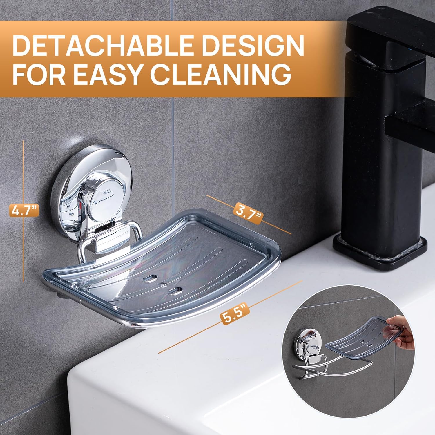 LEVERLOC Chrome Suction Cup Soap Dish Holder for Shower Wall Drill-Free Rustproof Waterproof Wall